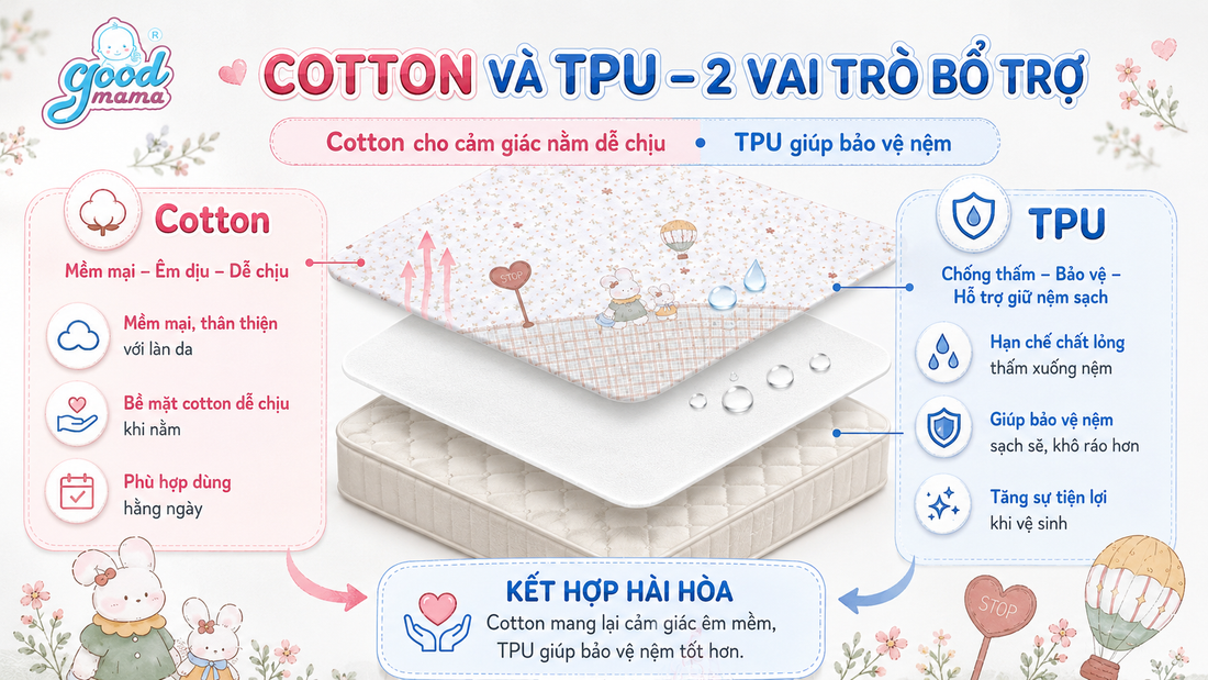 Cotton và TPU đảm nhiệm hai vai trò gì trong ga chống thấm Goodmama?
