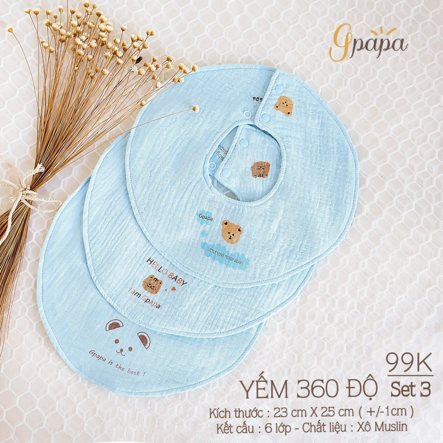 Set 3 Yếm Tròn Xoay 360 Độ Gpapa Chất Liệu Vải Xô Muslin 6 Lớp Dày Dặn Siêu Thấm Hút