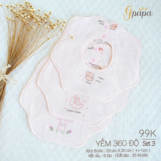 Set 3 Yếm Tròn Xoay 360 Độ Gpapa Chất Liệu Vải Xô Muslin 6 Lớp Dày Dặn Siêu Thấm Hút