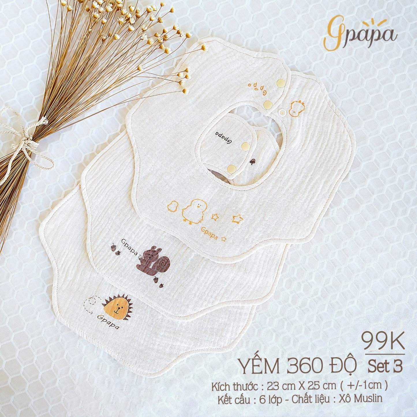 Set 3 Yếm Tròn Xoay 360 Độ Gpapa Chất Liệu Vải Xô Muslin 6 Lớp Dày Dặn Siêu Thấm Hút