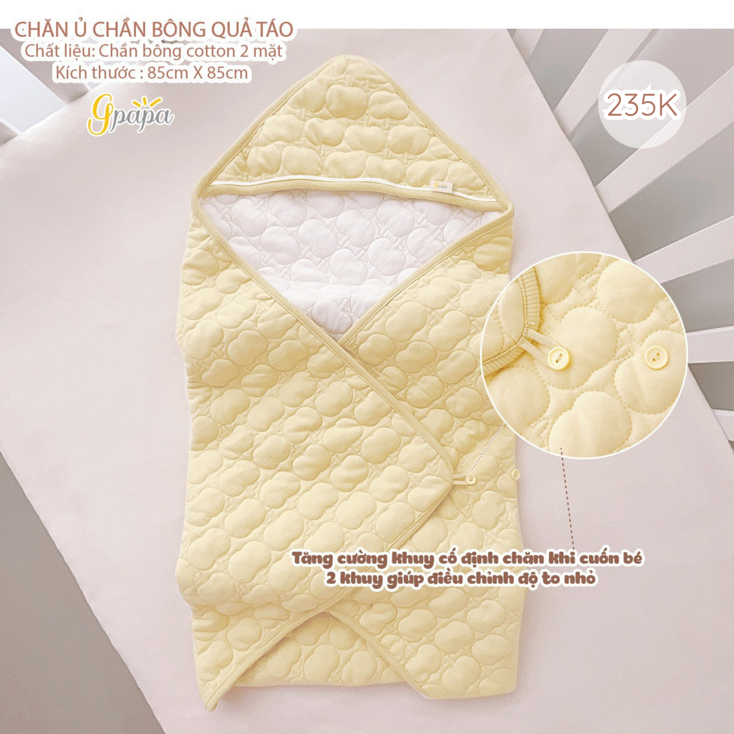 Chăn Ủ Chần Bông Quả Táo Chất Liệu Chần Bông Cotton 2 Mặt, Kích Thước 85×85cm