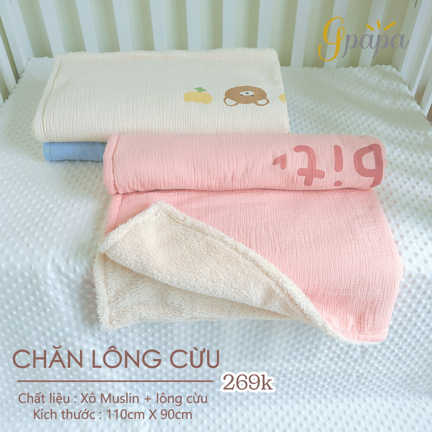 Chăn Lông Cừu Chất Liệu Xô Muslin và Lông Cừu Gpapa Cực Mềm Mại, Ấm Áp