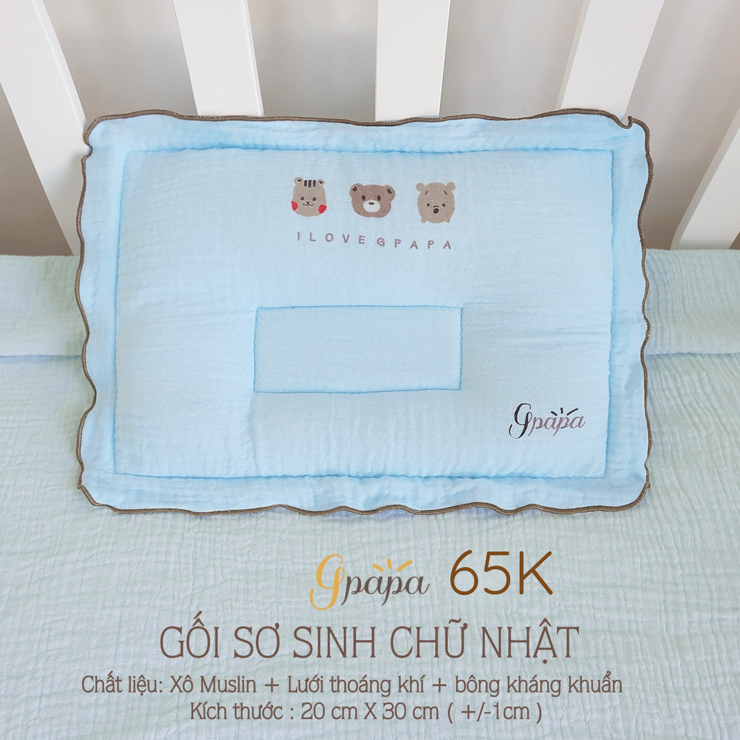 Gối Sơ Sinh Chữ Nhật Chất Liệu Xô Muslin cao Cấp Gpapa In Họa Tiết Xinh Xắn