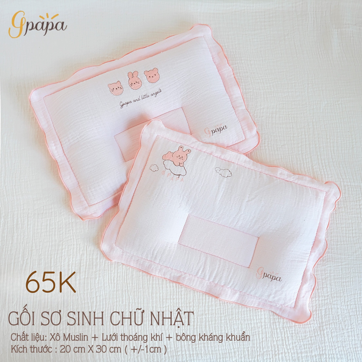 Gối Sơ Sinh Chữ Nhật Chất Liệu Xô Muslin cao Cấp Gpapa In Họa Tiết Xinh Xắn