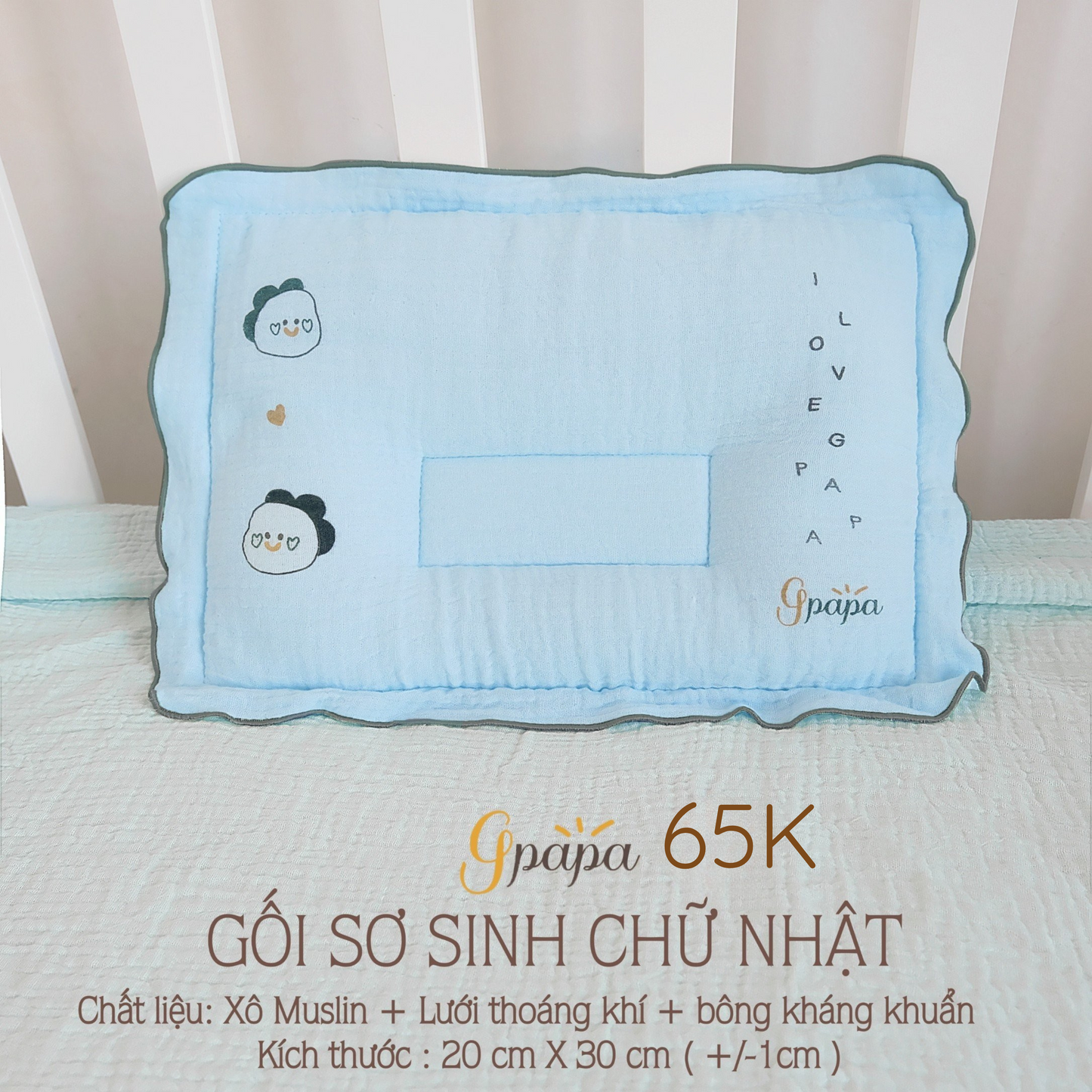 Gối Sơ Sinh Chữ Nhật Chất Liệu Xô Muslin cao Cấp Gpapa In Họa Tiết Xinh Xắn