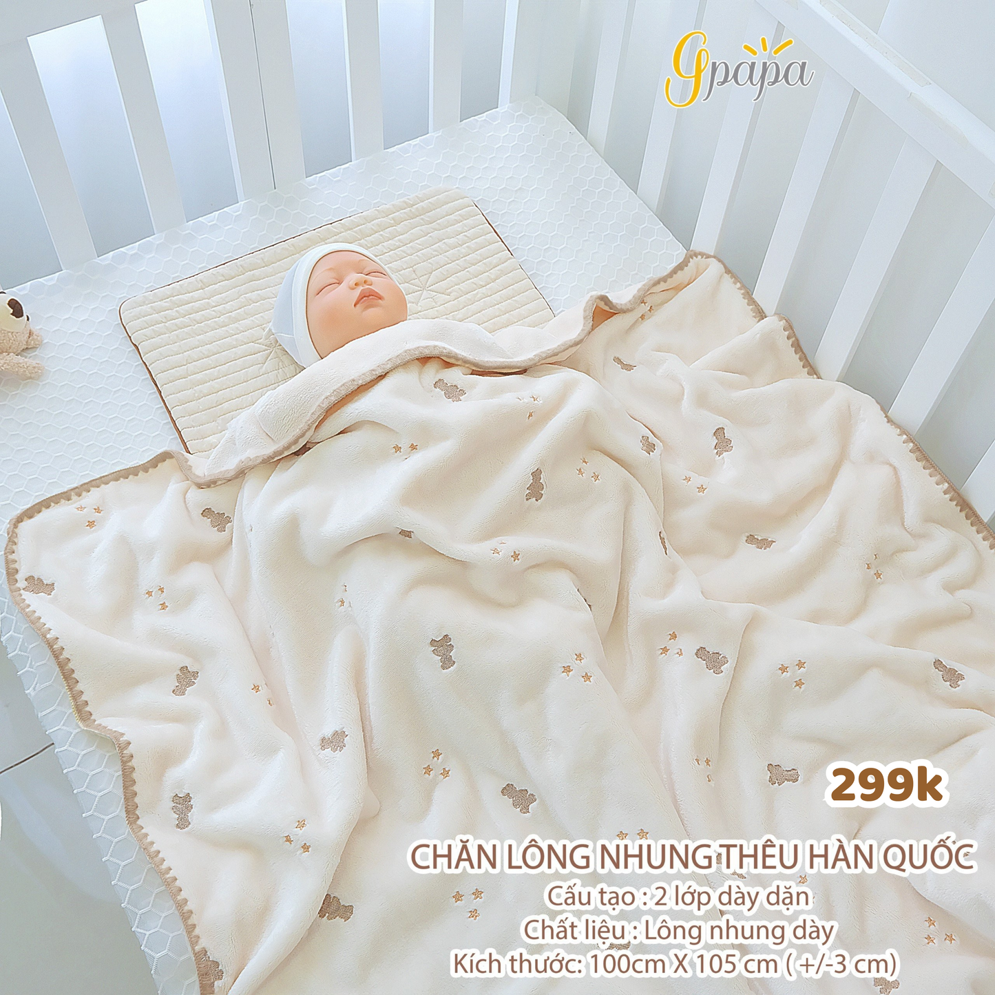Chăn Lông Nhung Thêu Hàn Quốc Họa Tiết Siêu Xinh Siêu Mềm Mịn Cho Bé Gpapa