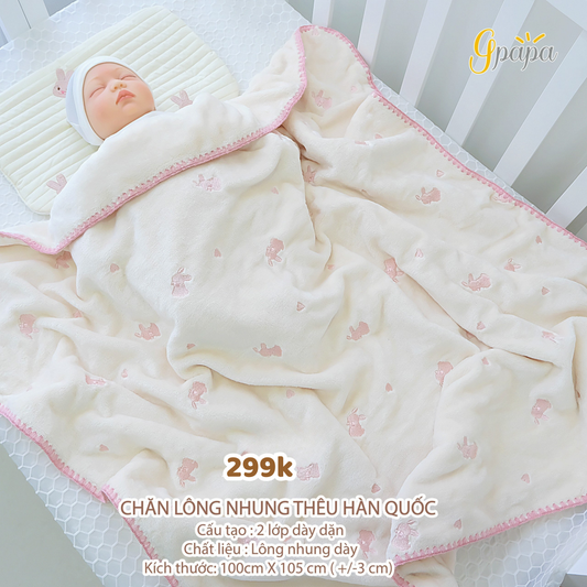 Chăn Lông Nhung Thêu Hàn Quốc Họa Tiết Siêu Xinh Siêu Mềm Mịn Cho Bé Gpapa