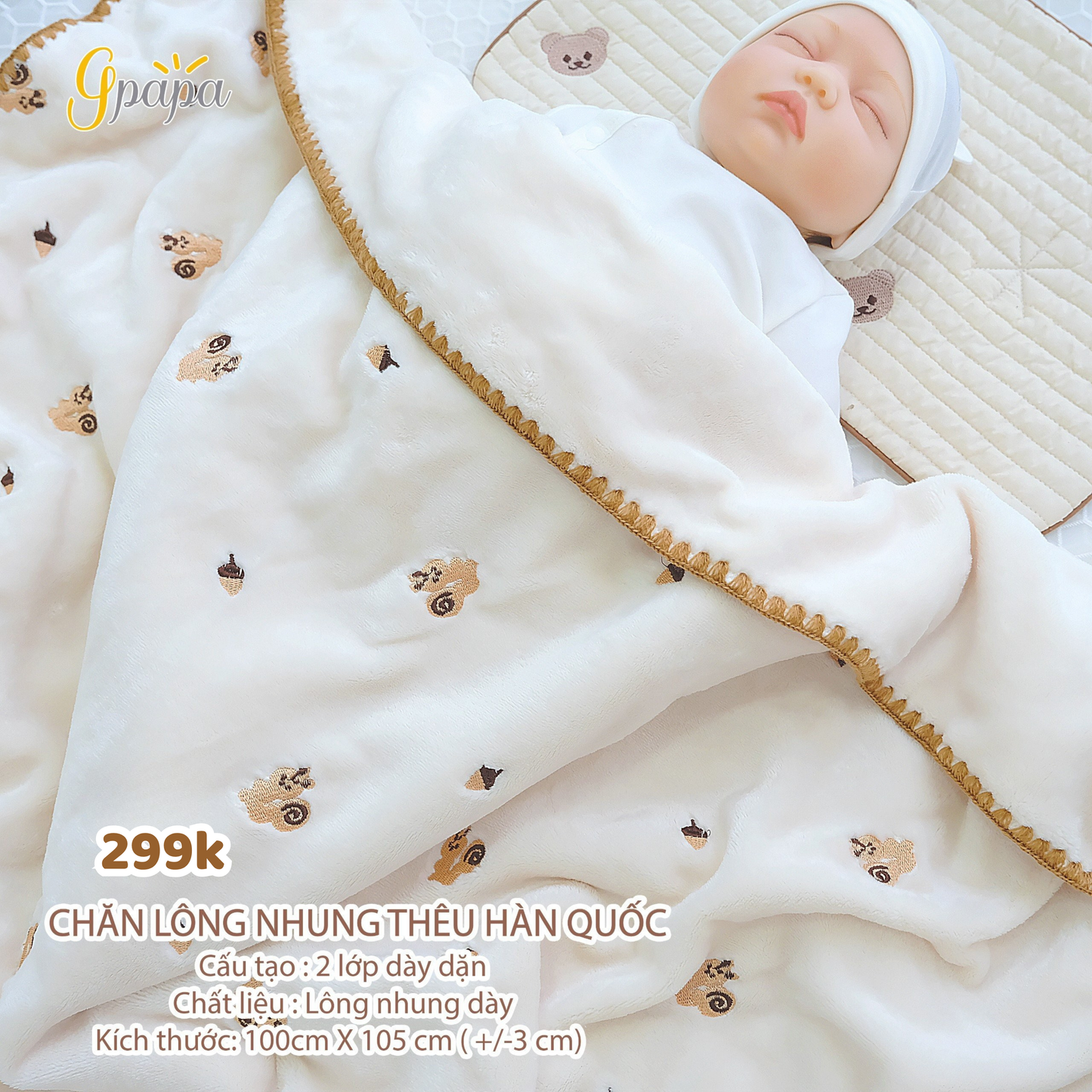 Chăn Lông Nhung Thêu Hàn Quốc Họa Tiết Siêu Xinh Siêu Mềm Mịn Cho Bé Gpapa
