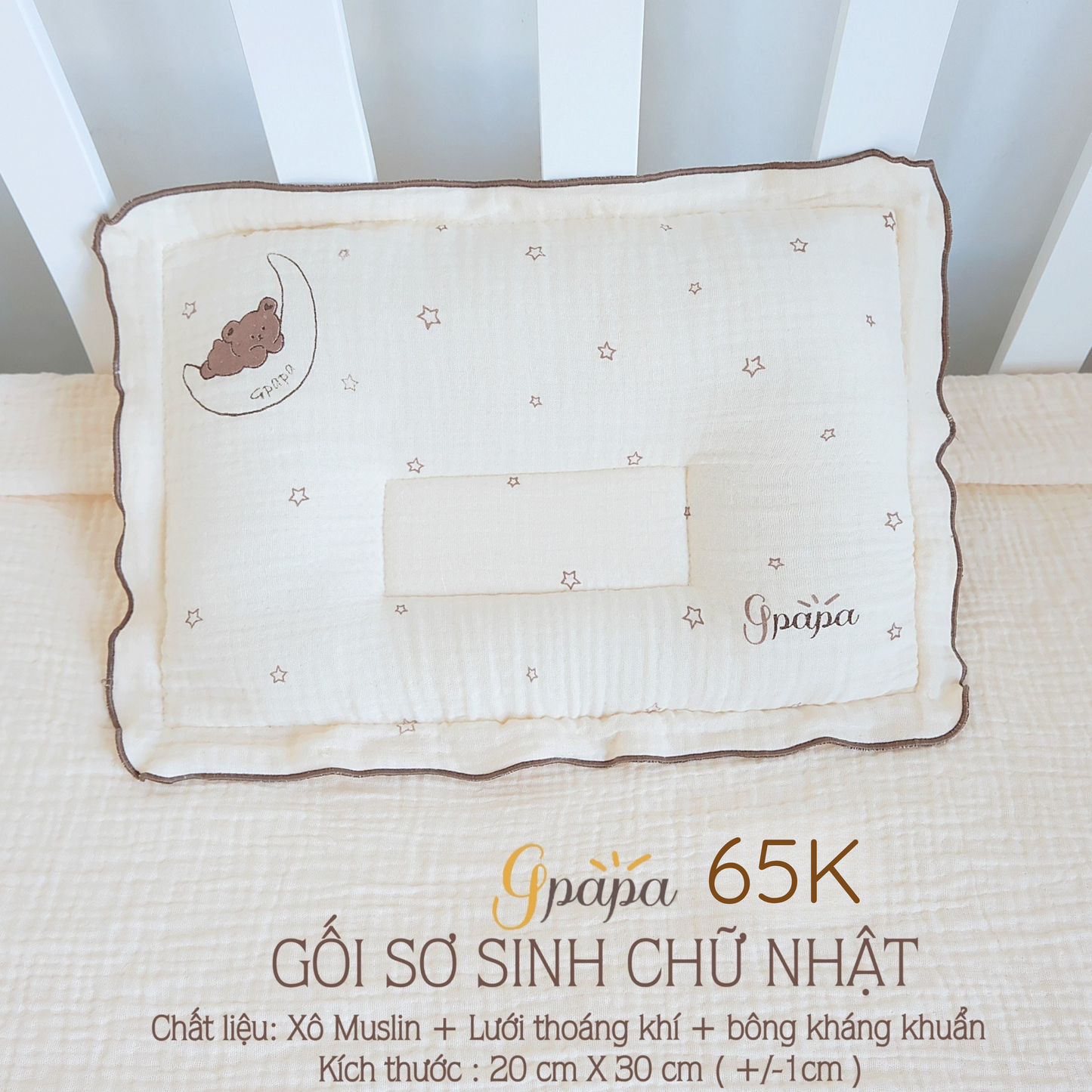 Gối Sơ Sinh Chữ Nhật Chất Liệu Xô Muslin cao Cấp Gpapa In Họa Tiết Xinh Xắn