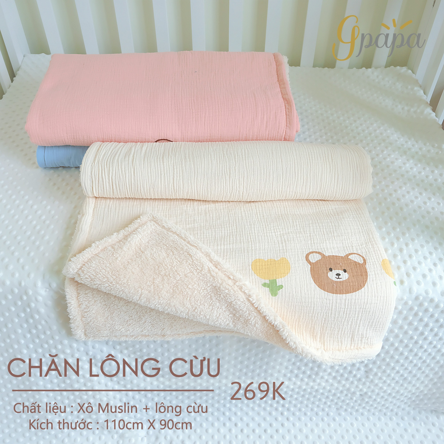 Chăn Lông Cừu Chất Liệu Xô Muslin và Lông Cừu Gpapa Cực Mềm Mại, Ấm Áp