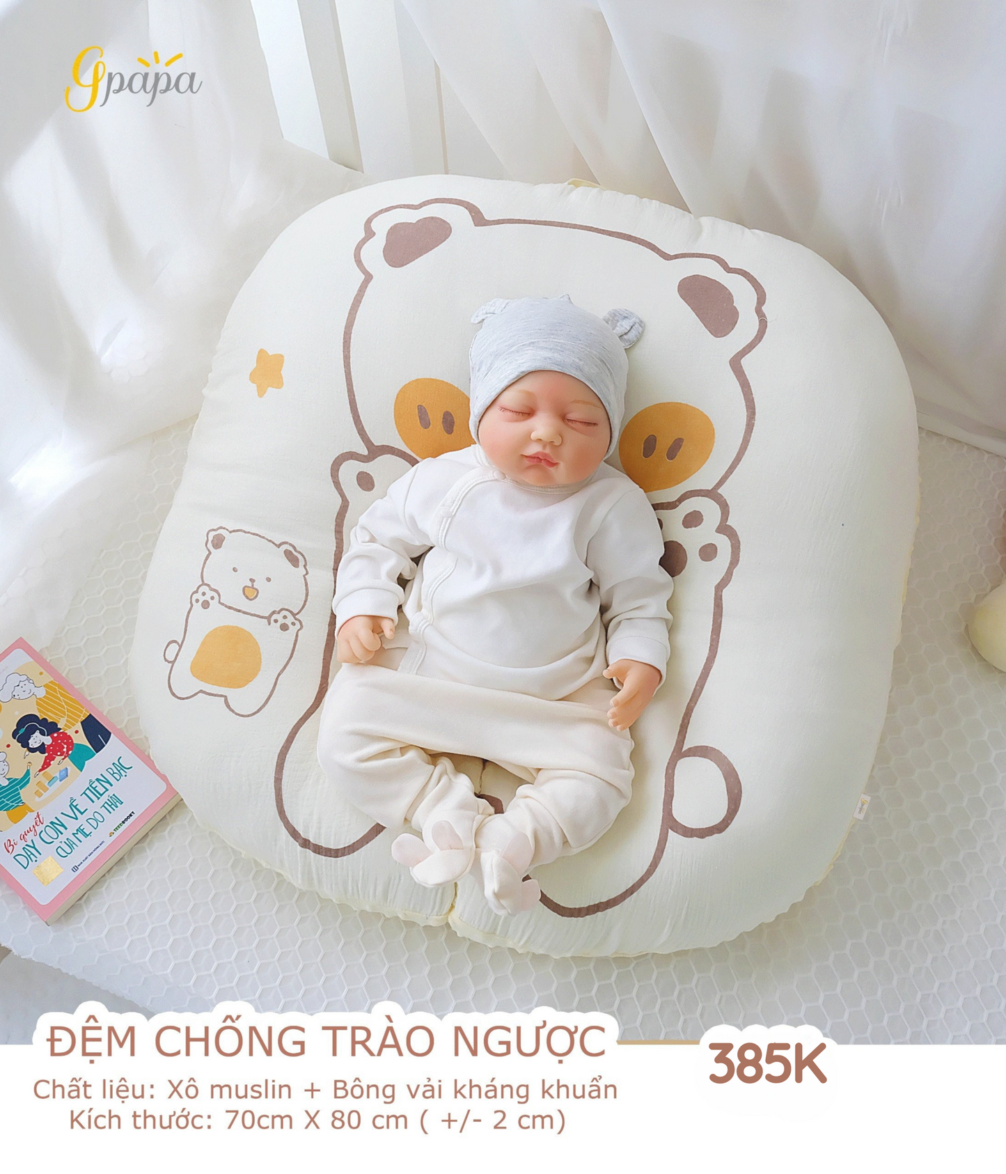 Đệm Chống Trào Ngược Cao Cấp Gpapa Chất Liệu Xô Muslin+Bông Vải Kháng Khuẩn Chống Nôn Trớ, Ợ Hơi