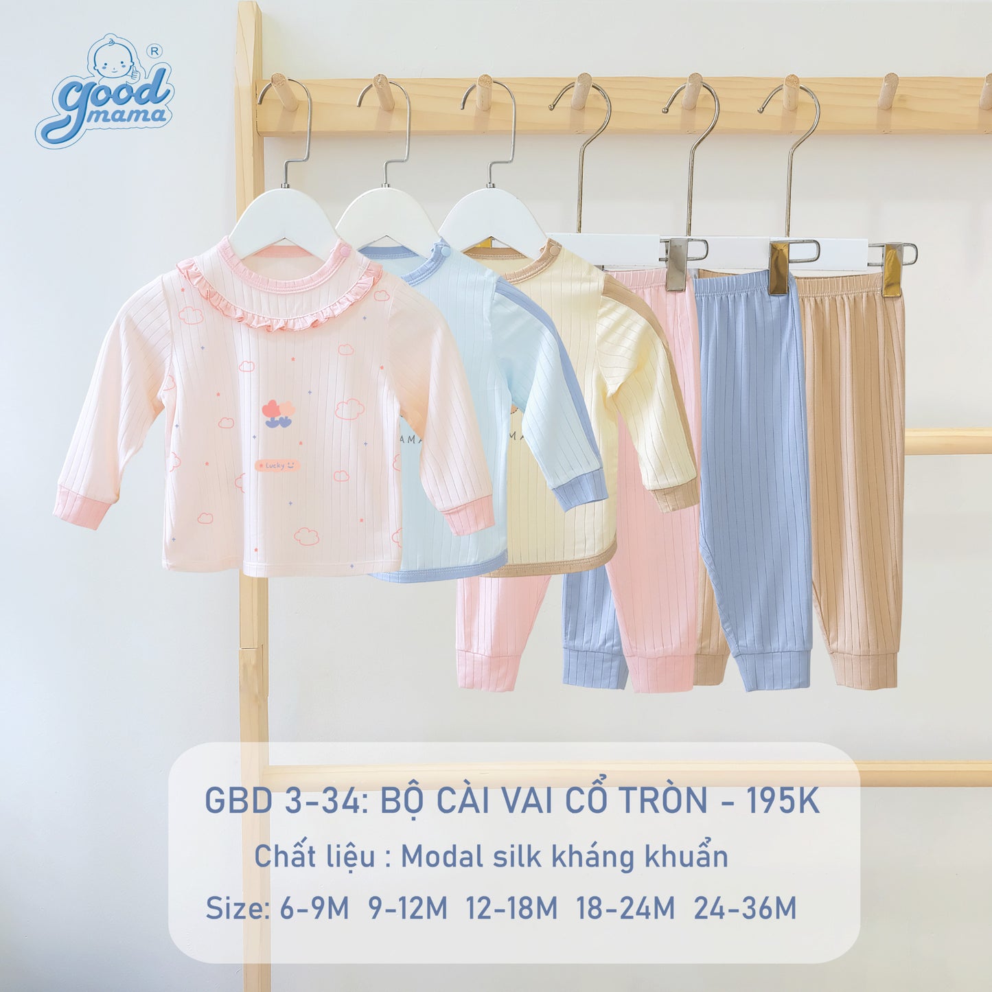 GBD3-34 Bộ Cài Vai Cổ Tròn Goodmama Chất Liệu Modal Silk Kháng Khuẩn
