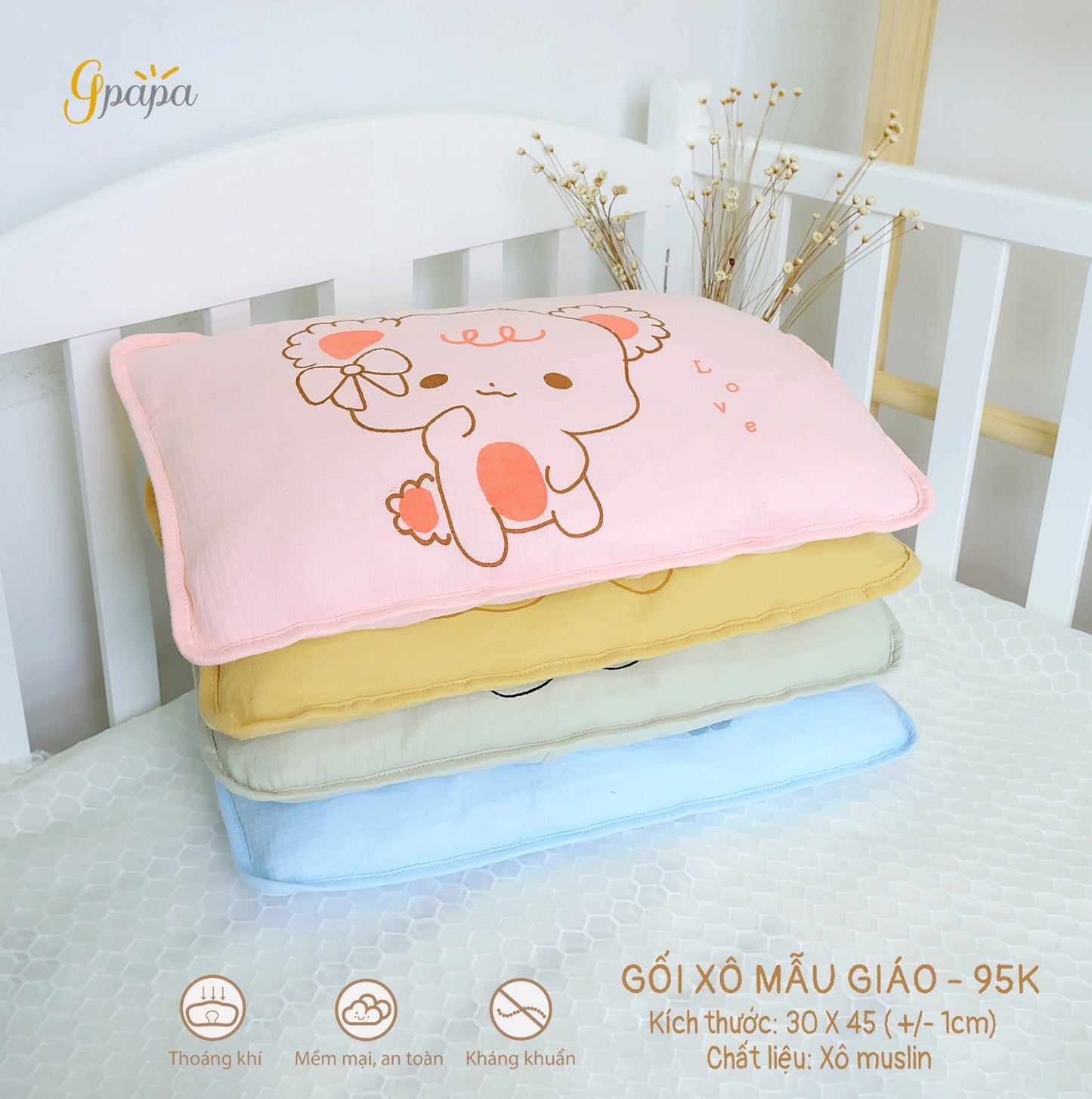 Gối Xô Mẫu Giáo Chất Liệu Xô Muslin Cao Cấp Cho Bé Học Mẫu Giáo
