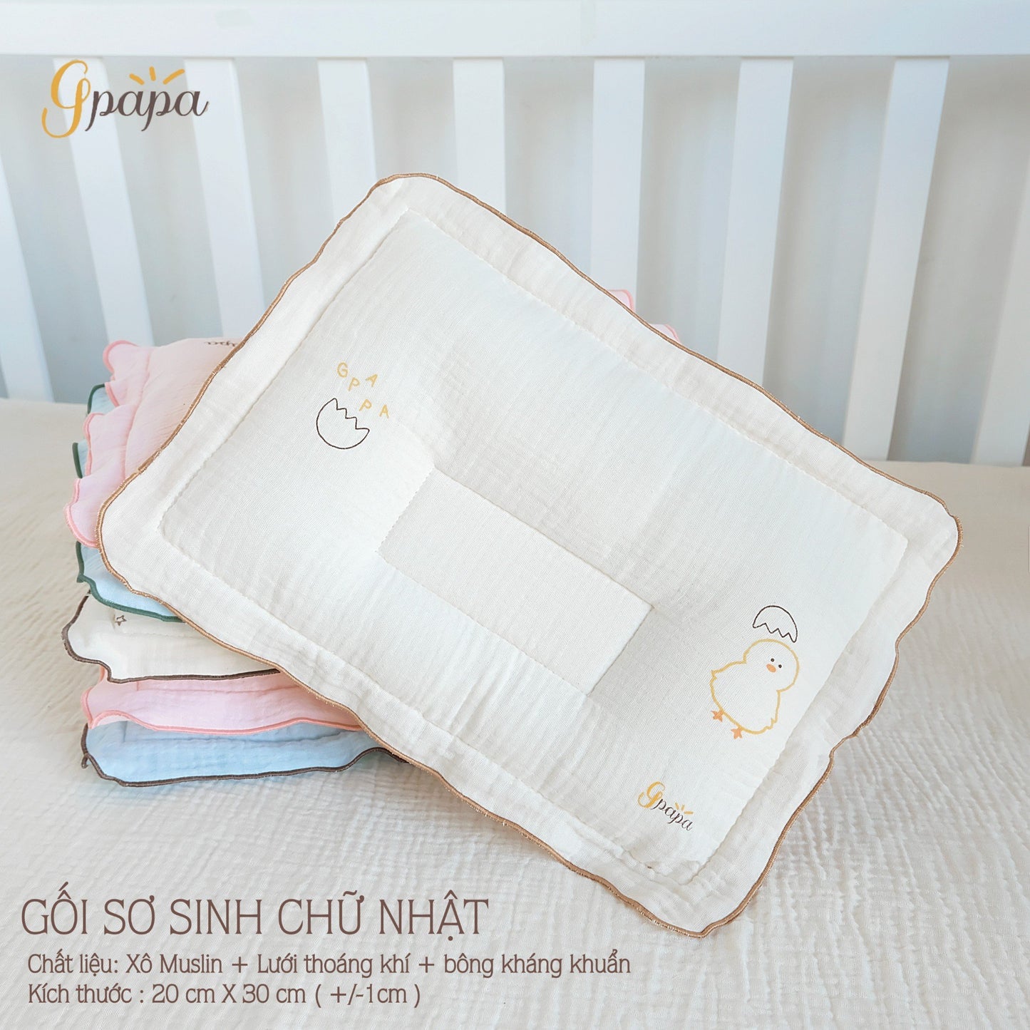 Gối Sơ Sinh Chữ Nhật Chất Liệu Xô Muslin cao Cấp Gpapa In Họa Tiết Xinh Xắn