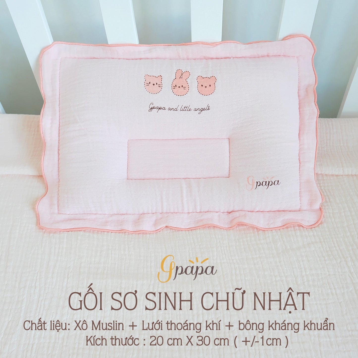 Gối Sơ Sinh Chữ Nhật Chất Liệu Xô Muslin cao Cấp Gpapa In Họa Tiết Xinh Xắn
