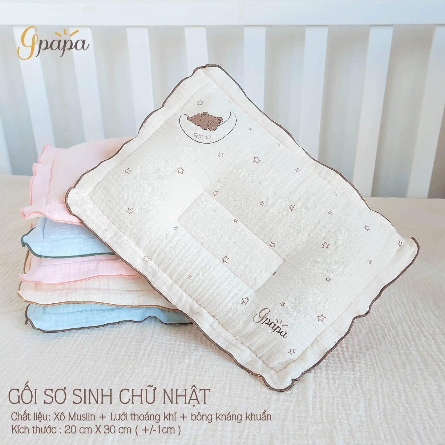 Gối Sơ Sinh Chữ Nhật Chất Liệu Xô Muslin cao Cấp Gpapa In Họa Tiết Xinh Xắn