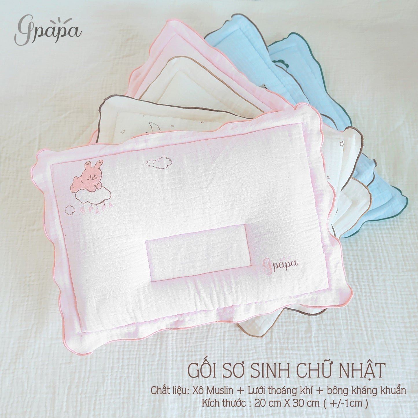 Gối Sơ Sinh Chữ Nhật Chất Liệu Xô Muslin cao Cấp Gpapa In Họa Tiết Xinh Xắn
