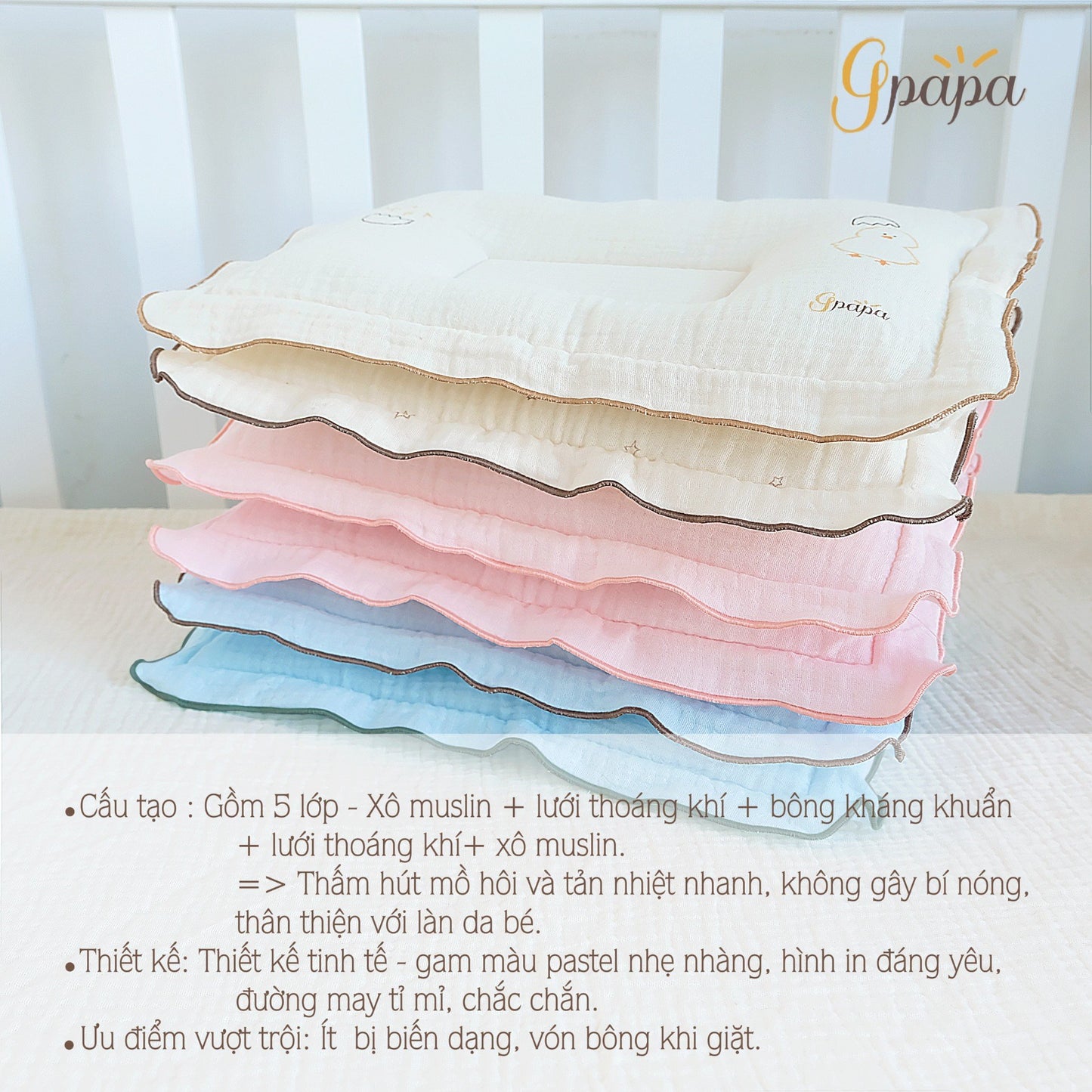 Gối Sơ Sinh Chữ Nhật Chất Liệu Xô Muslin cao Cấp Gpapa In Họa Tiết Xinh Xắn