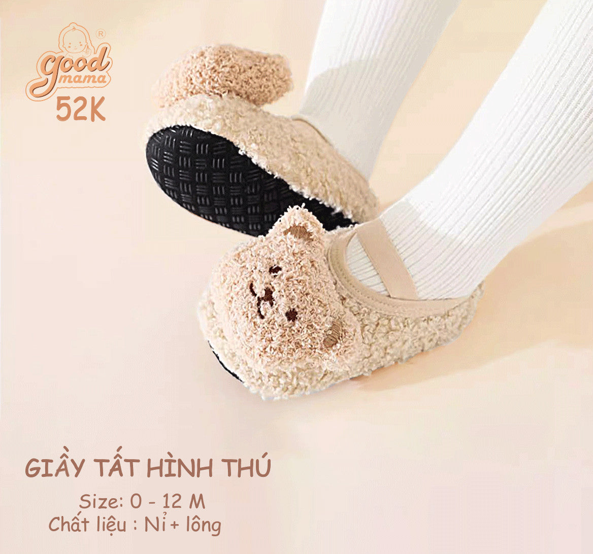Giầy Tất Hình Thú cho bé dễ thương Goodmama, đế chống trượt chất liệu Nỉ, Lông