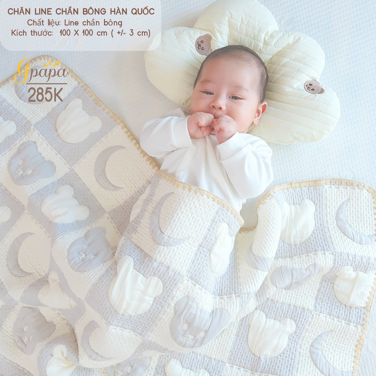 Chăn Line Chần Bông Hàn Quốc Gpapa giúp bé đi vào giấc ngủ một cách êm ái, mềm mại.