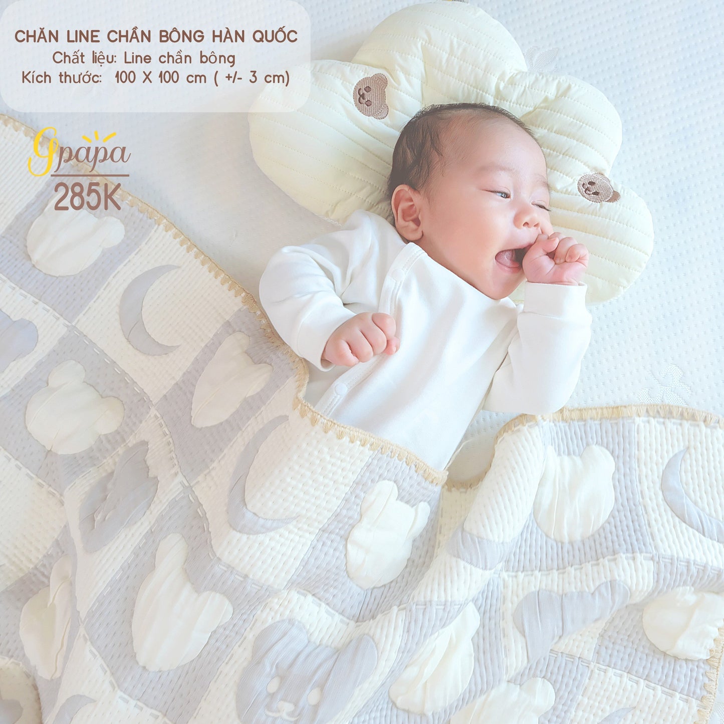 Chăn Line Chần Bông Hàn Quốc Gpapa giúp bé đi vào giấc ngủ một cách êm ái, mềm mại.