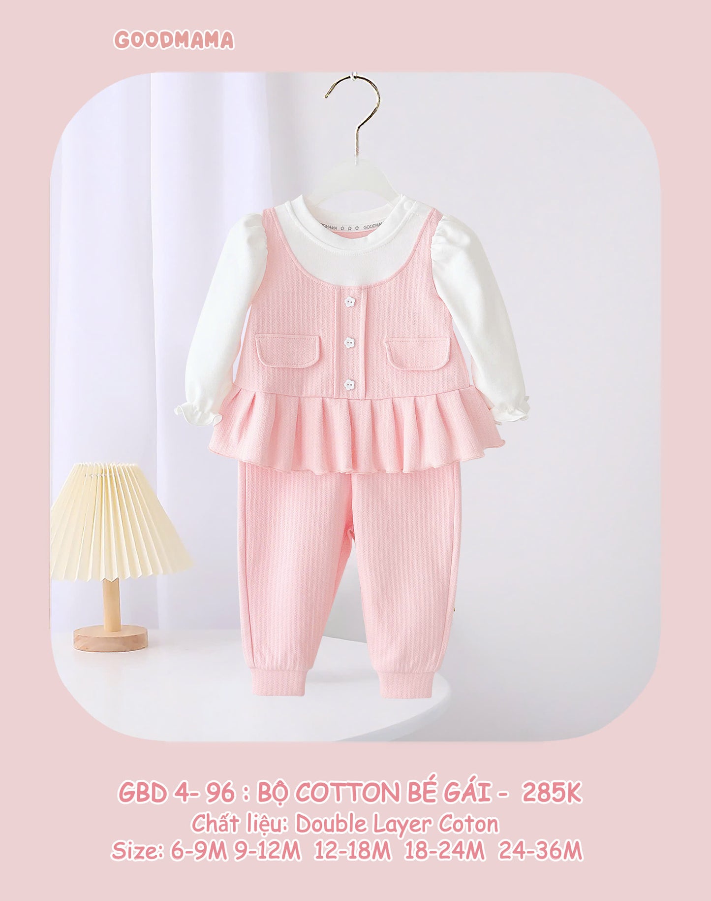 GBD4-96: Bộ Cotton Bé Gái Goodmama Chất Liệu Double Layer Cotton