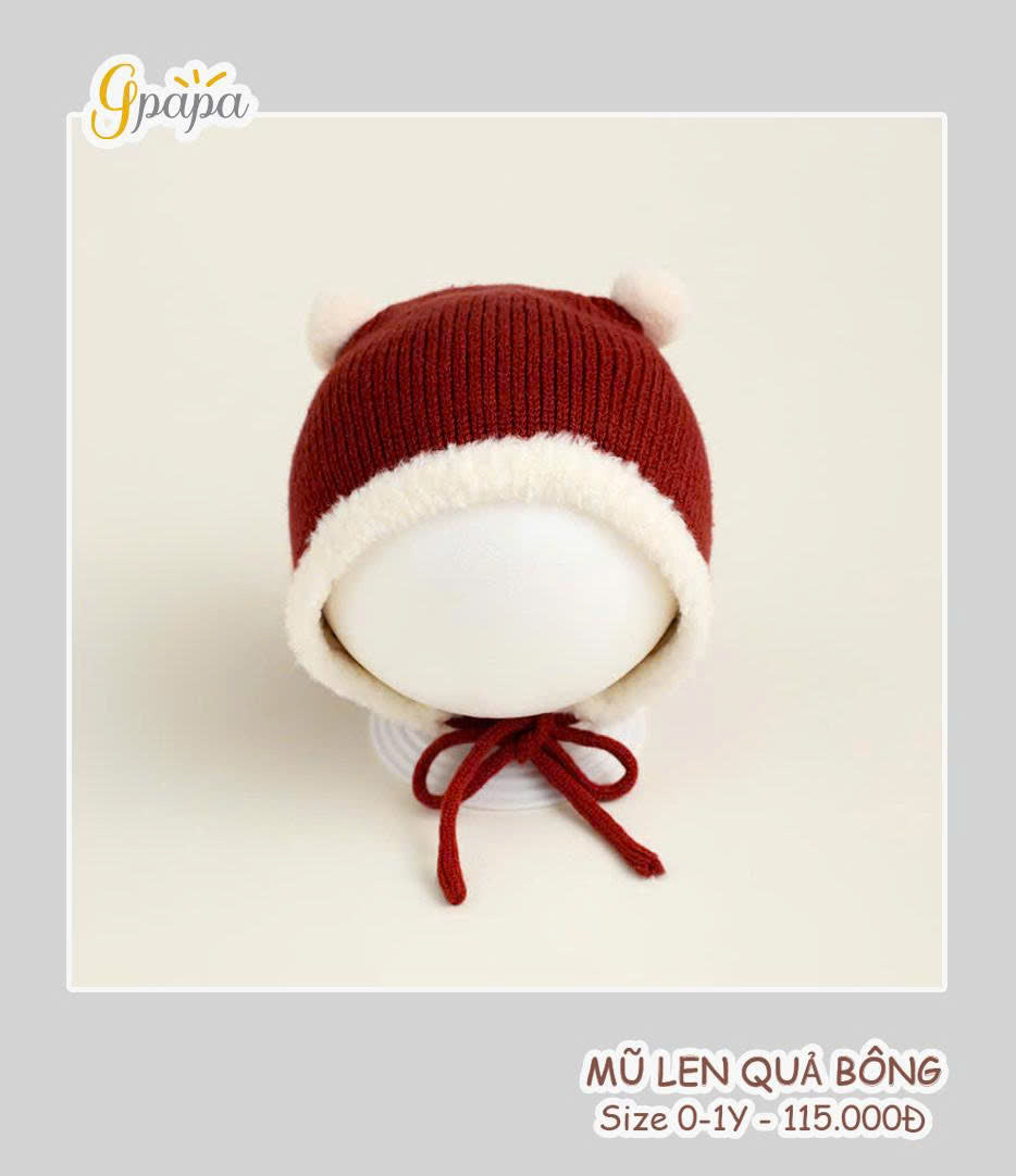 MŨ LEN QUẢ BÔNG CHO BÉ 0 – 1 TUỔI