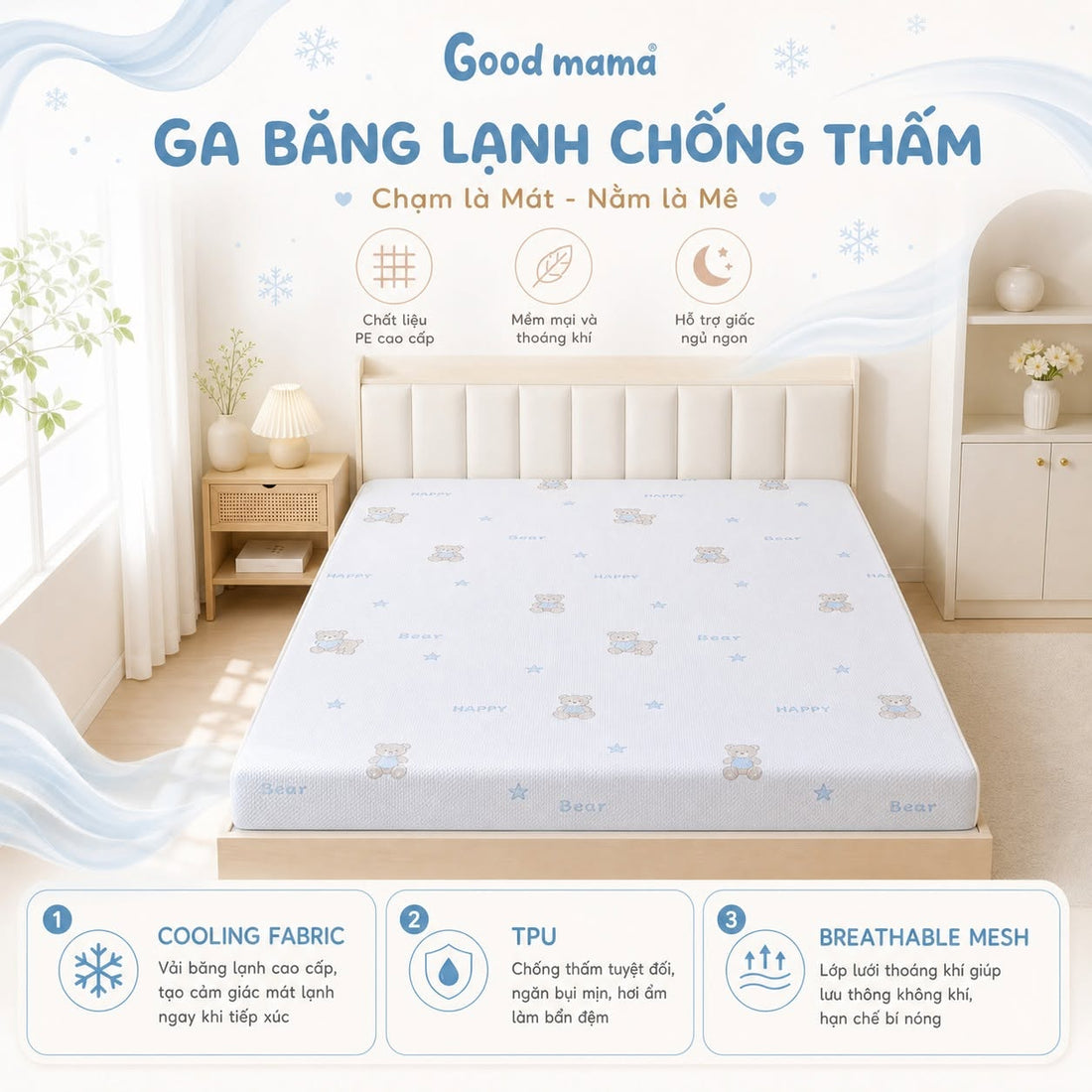 Cấu tạo của ga băng lạnh Goodmama: Giải pháp mát lạnh, chống thấm và bảo vệ nệm hiệu quả
