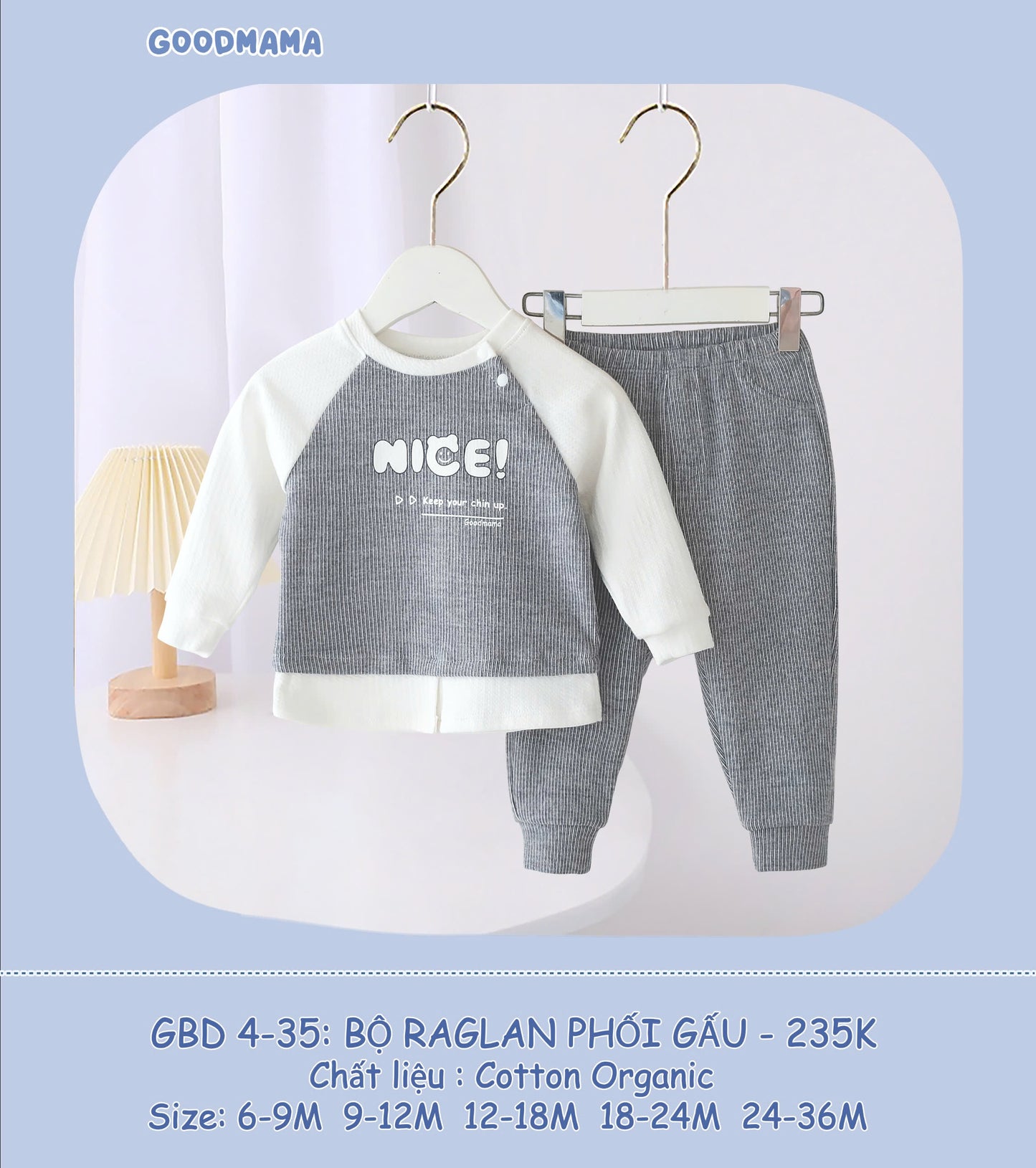 GBD4-35: Bộ Raglan Phối Gấu Goodmama Chất Liệu Cotton Organic