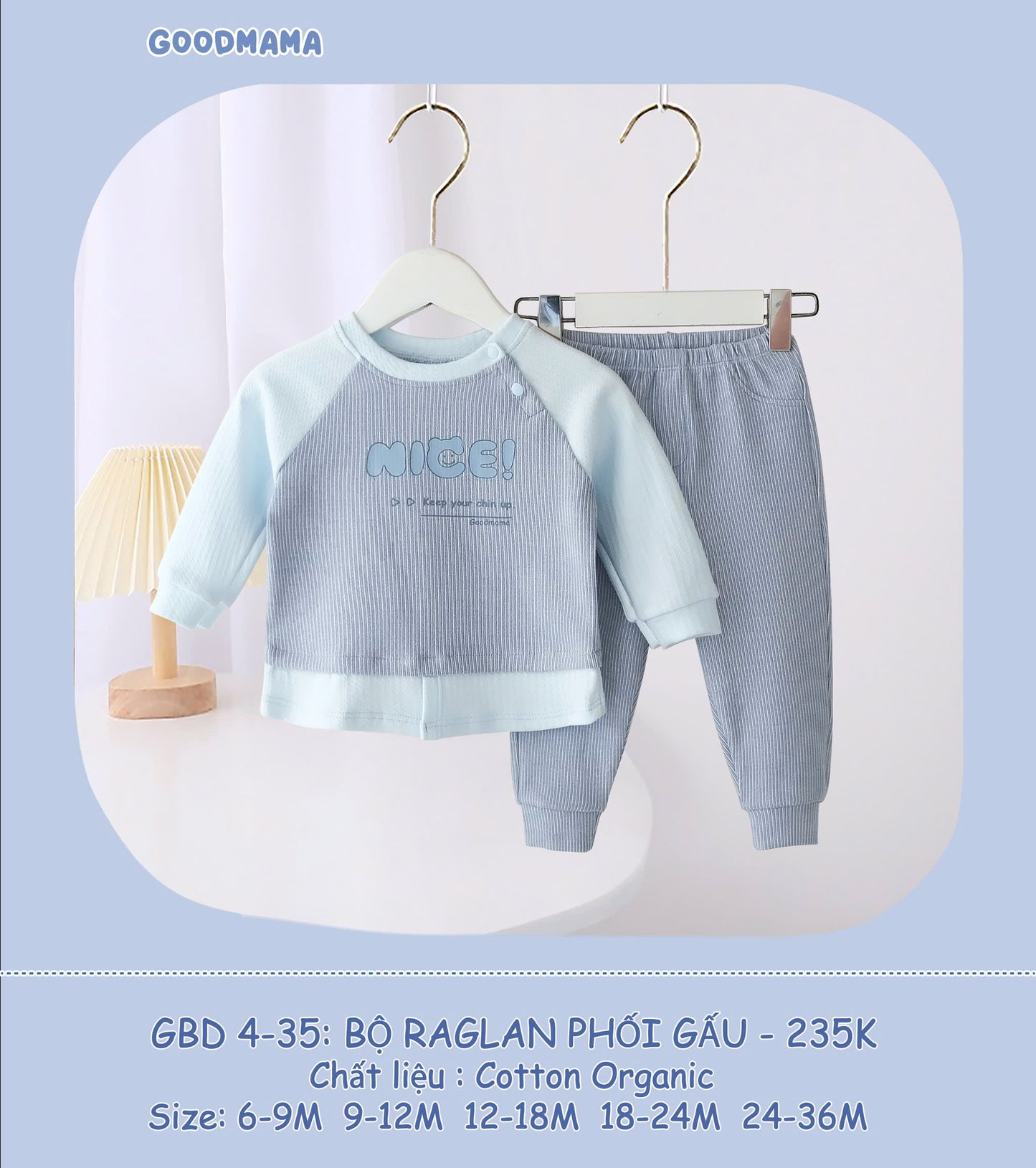 GBD4-35: Bộ Raglan Phối Gấu Goodmama Chất Liệu Cotton Organic