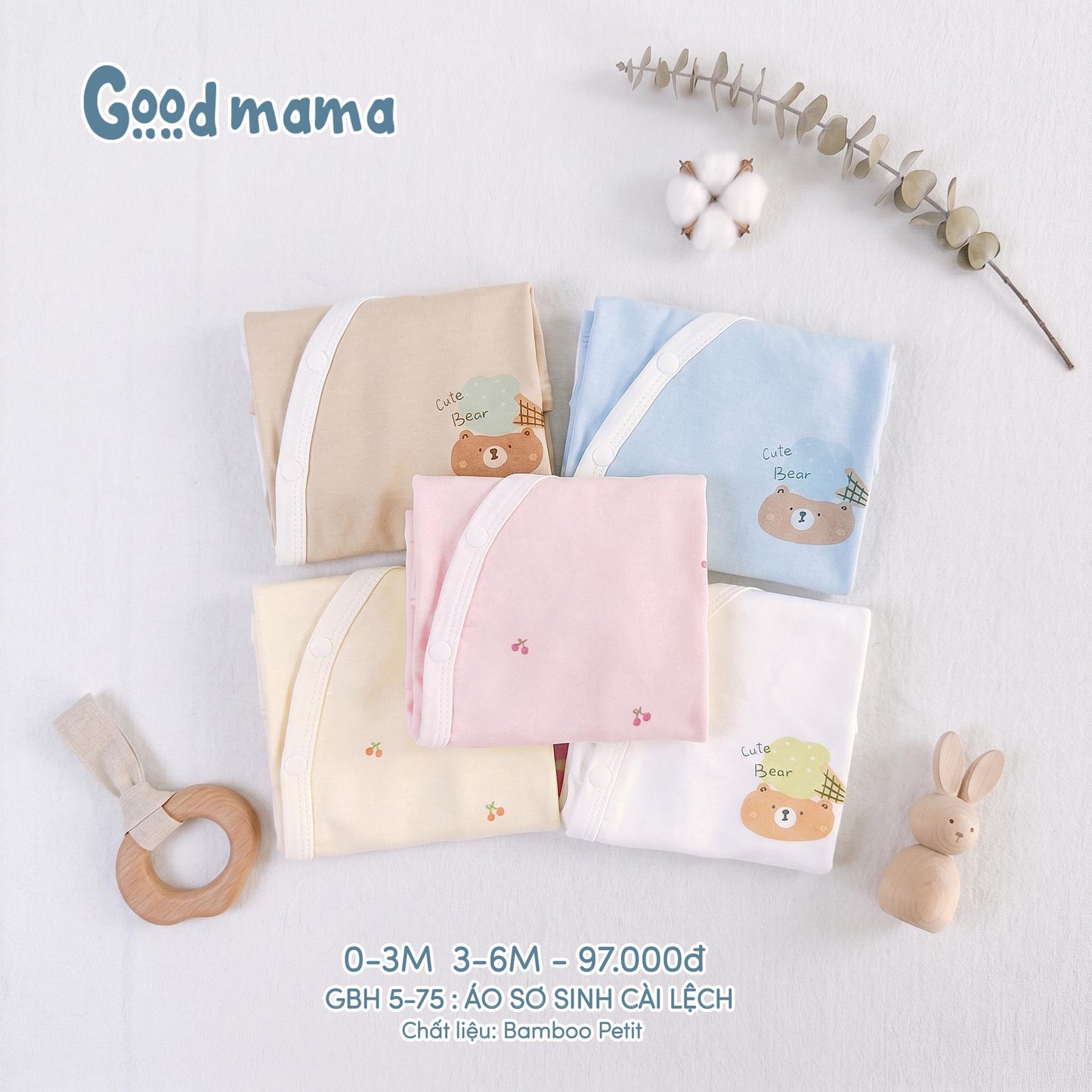 GBH 5-75: Áo Sơ Sinh Cài Lệch Chất Liệu Bamboo Petit Mềm Mại, Thoáng Khí