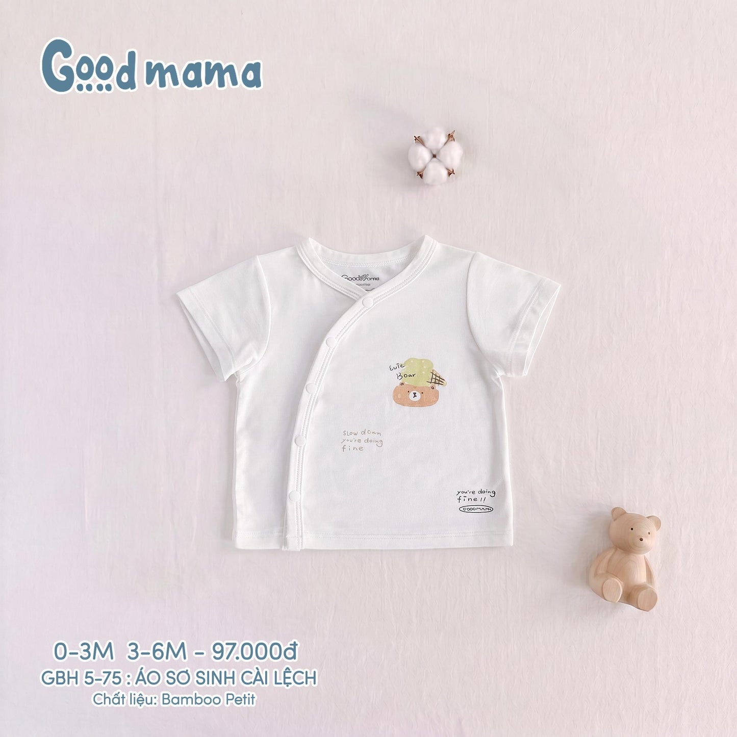 GBH 5-75: Áo Sơ Sinh Cài Lệch Chất Liệu Bamboo Petit Mềm Mại, Thoáng Khí