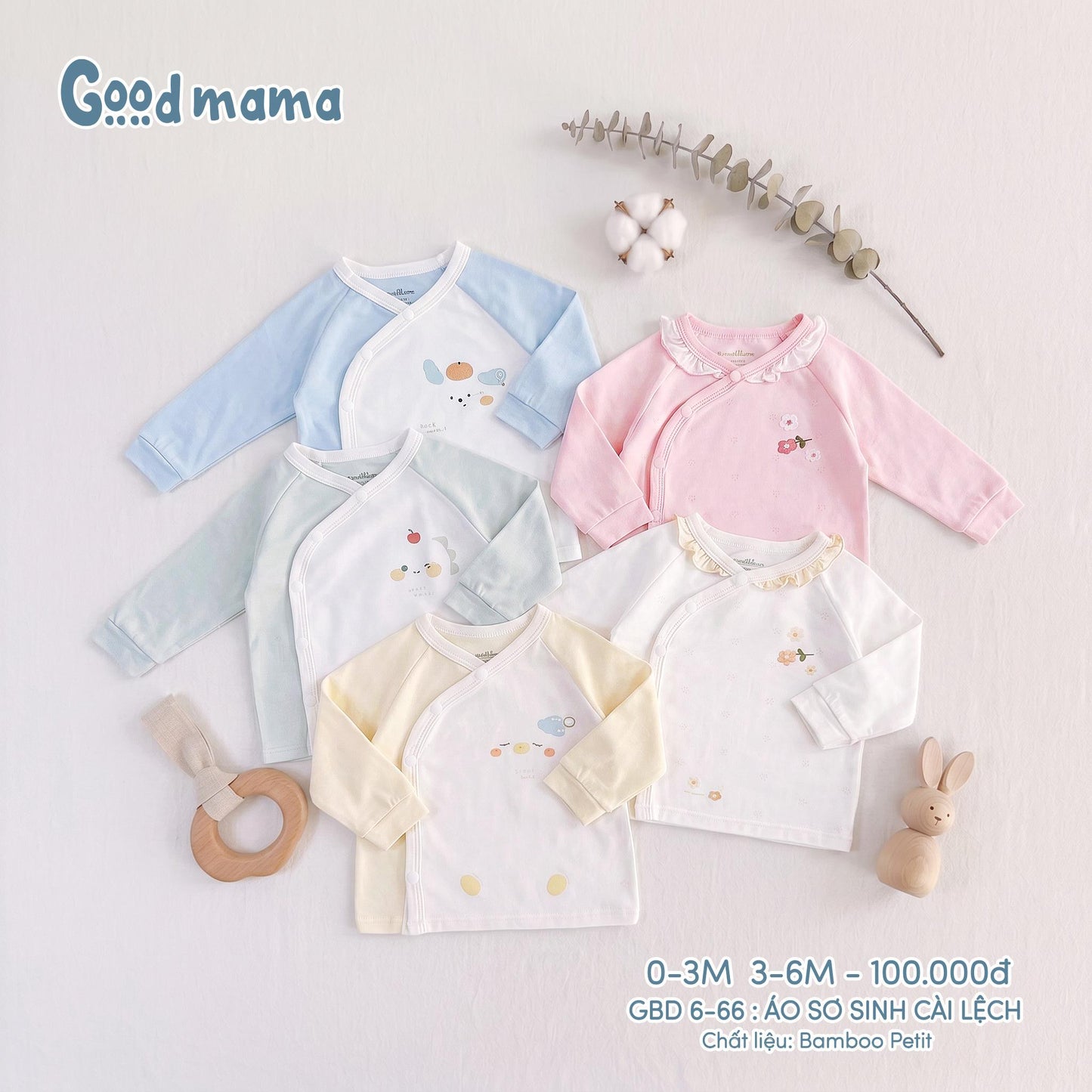 GBD 6-66: Áo Sơ Sinh Cài Lệch Bamboo Petit Mềm Mại, Thoáng Khí