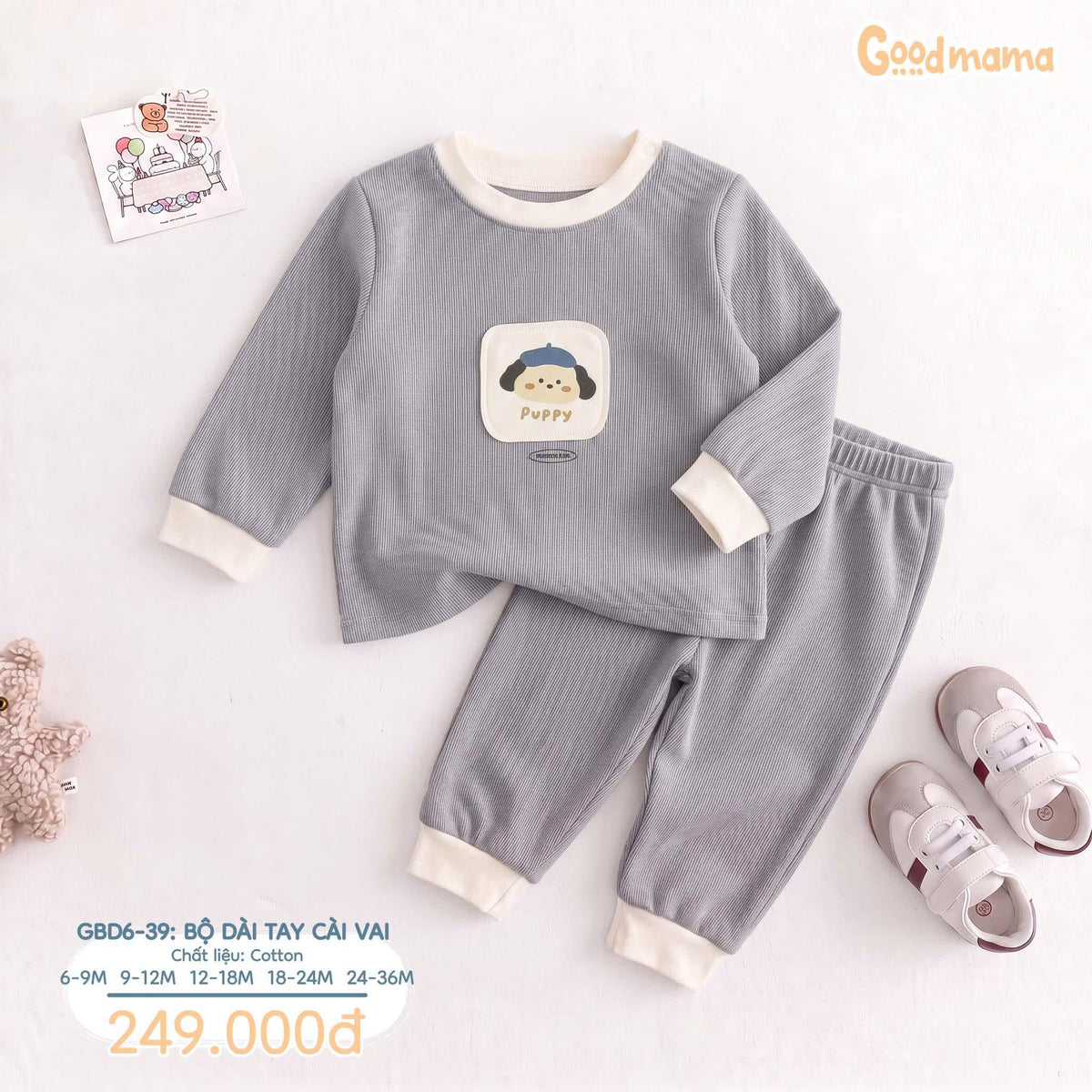 Bộ Dài Tay Cài Vai Goodmama GBD6-39 – Mềm Mại, Ấm Áp Cho Bé Mỗi Ngày