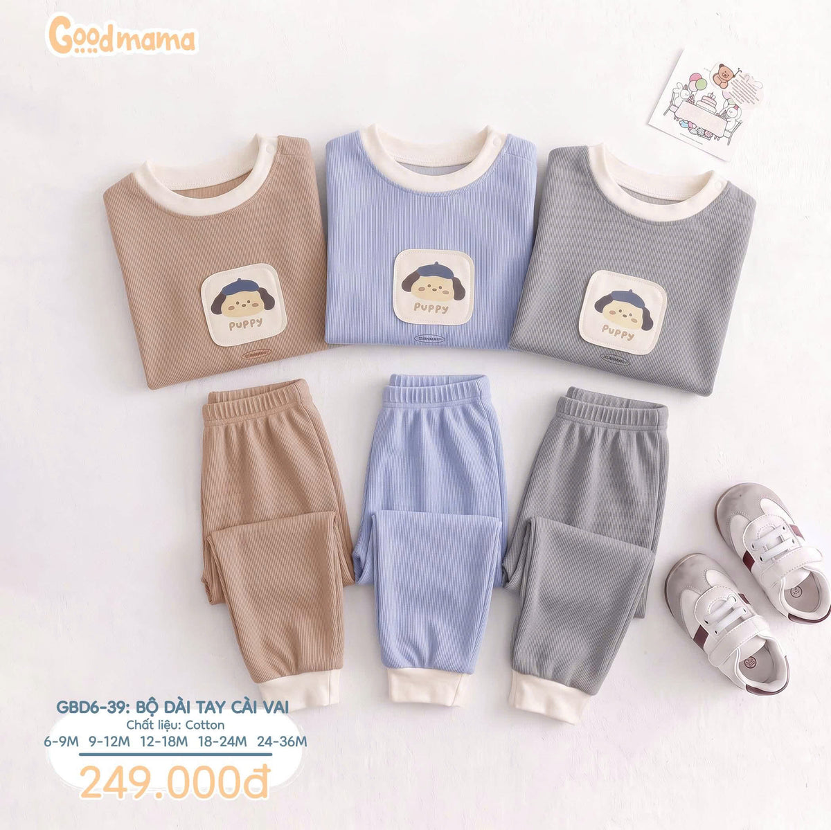 Bộ Dài Tay Cài Vai Goodmama GBD6-39 – Mềm Mại, Ấm Áp Cho Bé Mỗi Ngày
