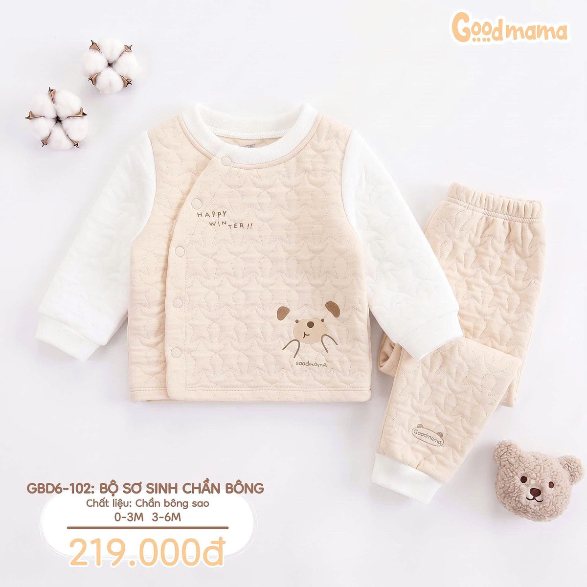 Bộ Sơ Sinh Chần Bông Goodmama GBD6-102 – Êm Ái, Ấm Áp Cho Những Ngày Đầu Đời