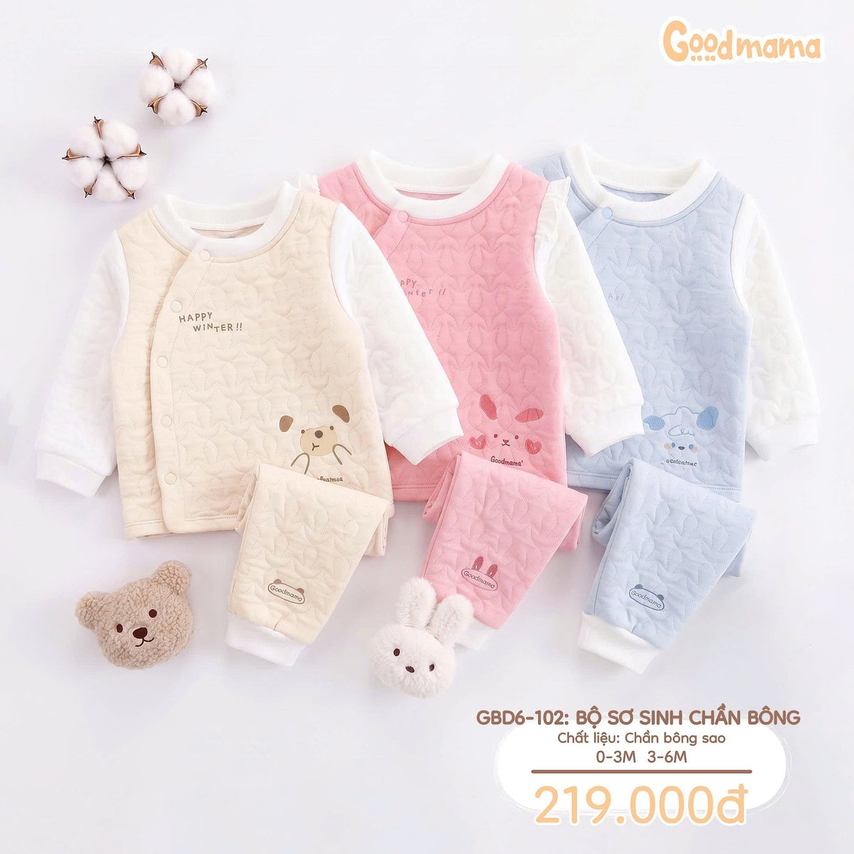 Bộ Sơ Sinh Chần Bông Goodmama GBD6-102 – Êm Ái, Ấm Áp Cho Những Ngày Đầu Đời