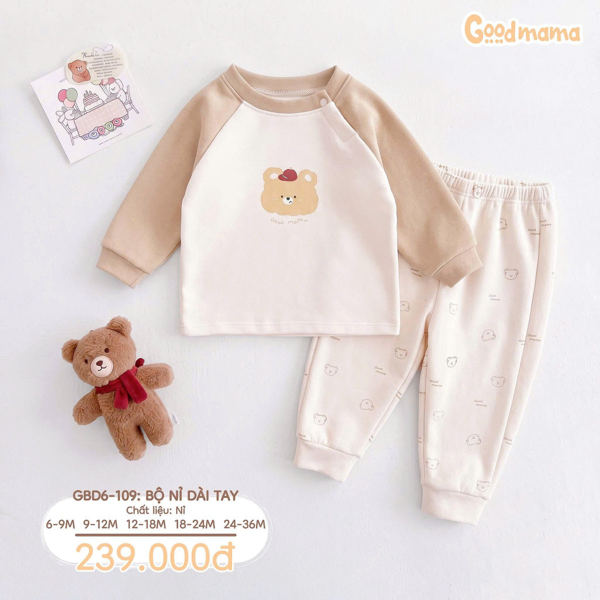Bộ Nỉ Dài Tay Goodmama GBD6-109 – Mềm Ấm, Dịu Êm Cho Những Ngày Se Lạnh