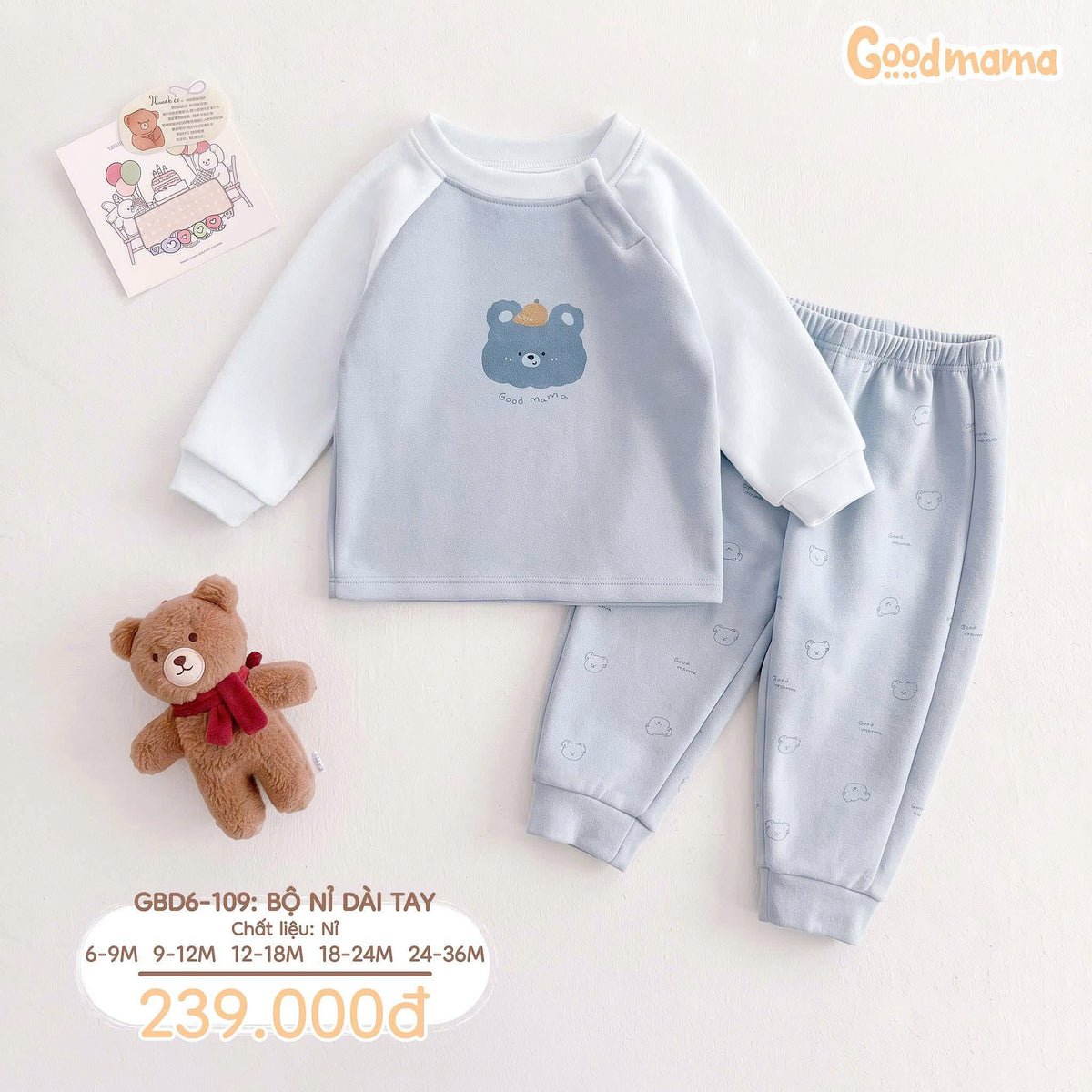 Bộ Nỉ Dài Tay Goodmama GBD6-109 – Mềm Ấm, Dịu Êm Cho Những Ngày Se Lạnh