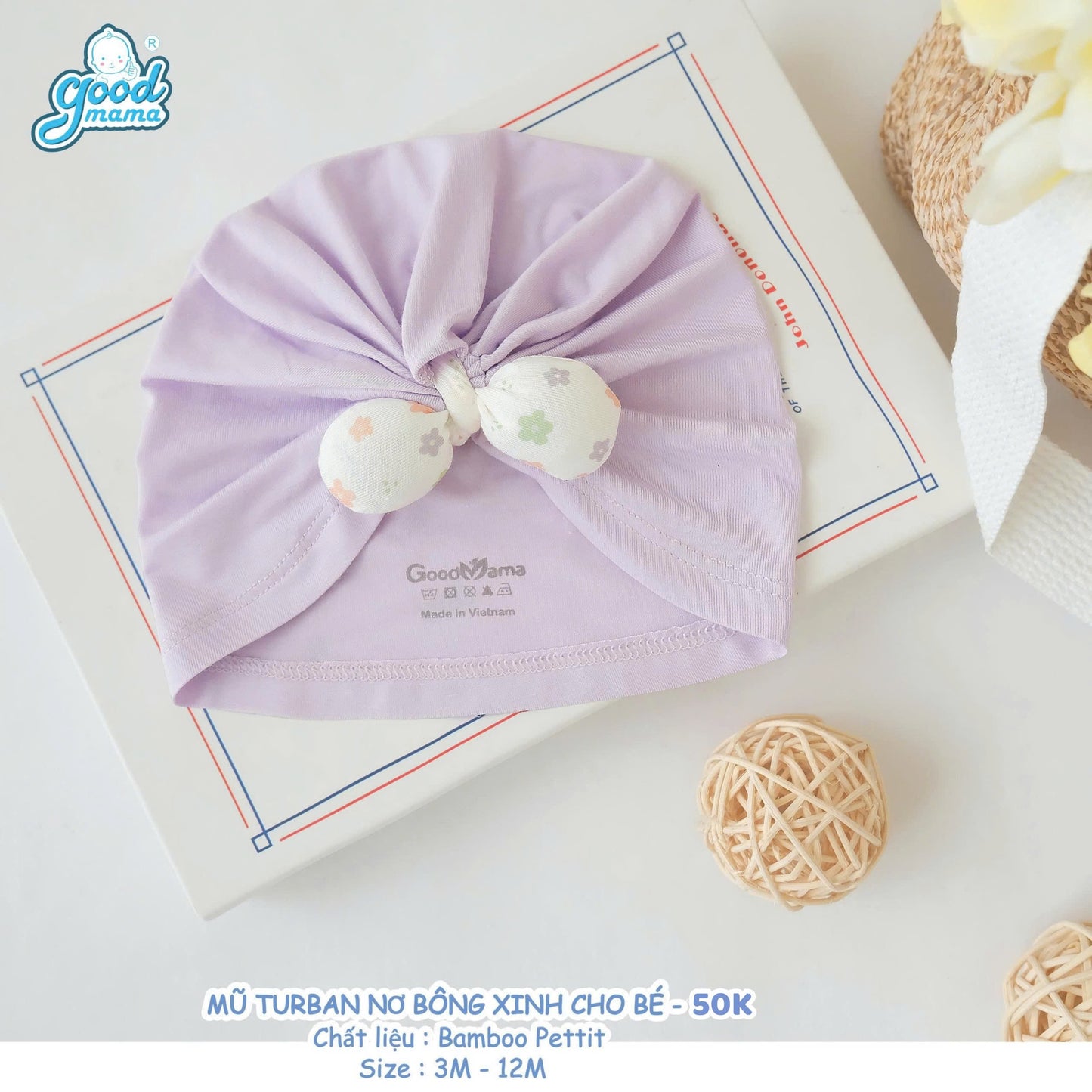 Mũ Turban Nơ Goodmama Chất Liệu Bamboo Pettit Cho Bé Gái
