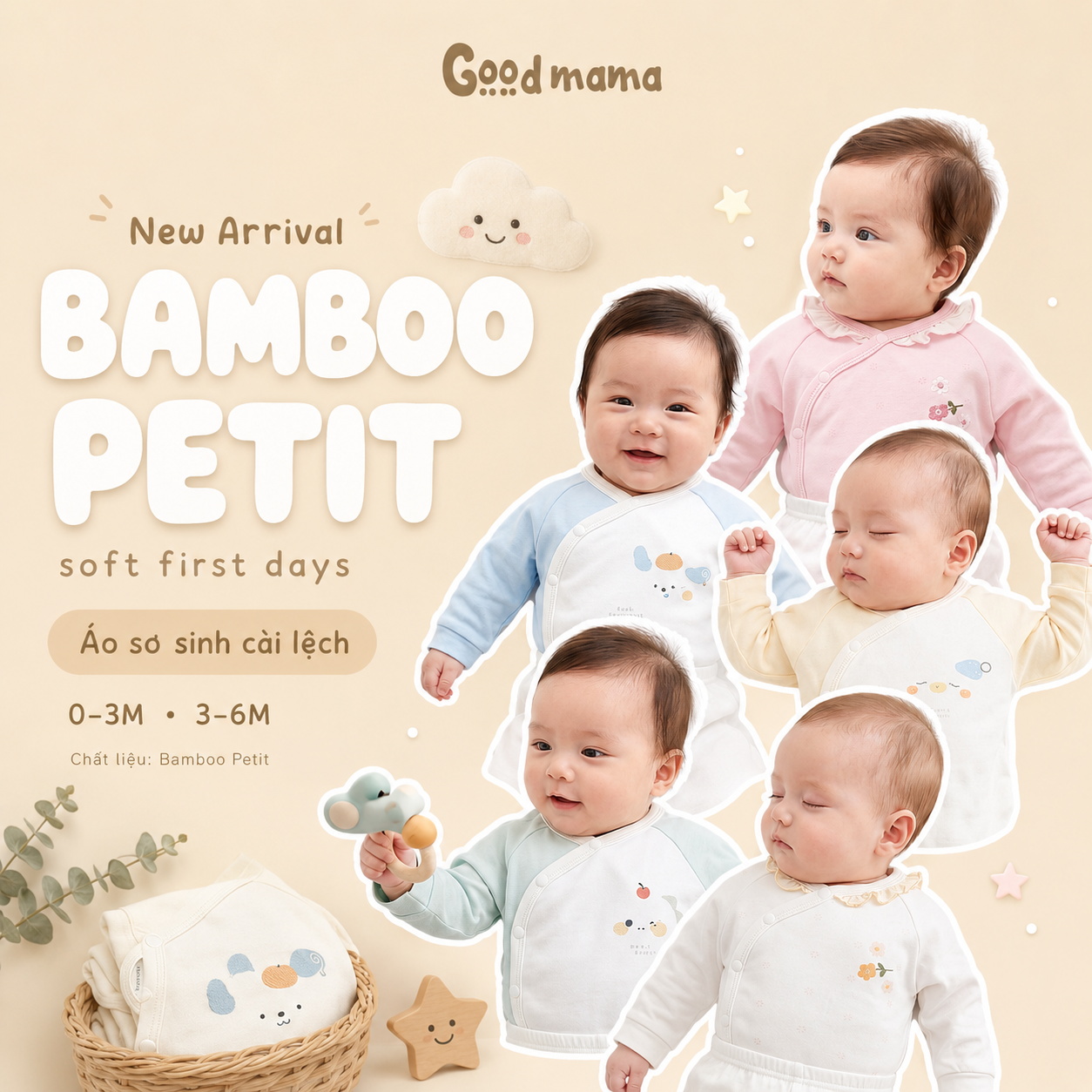 GBD 6-66: Áo Sơ Sinh Cài Lệch Bamboo Petit Mềm Mại, Thoáng Khí
