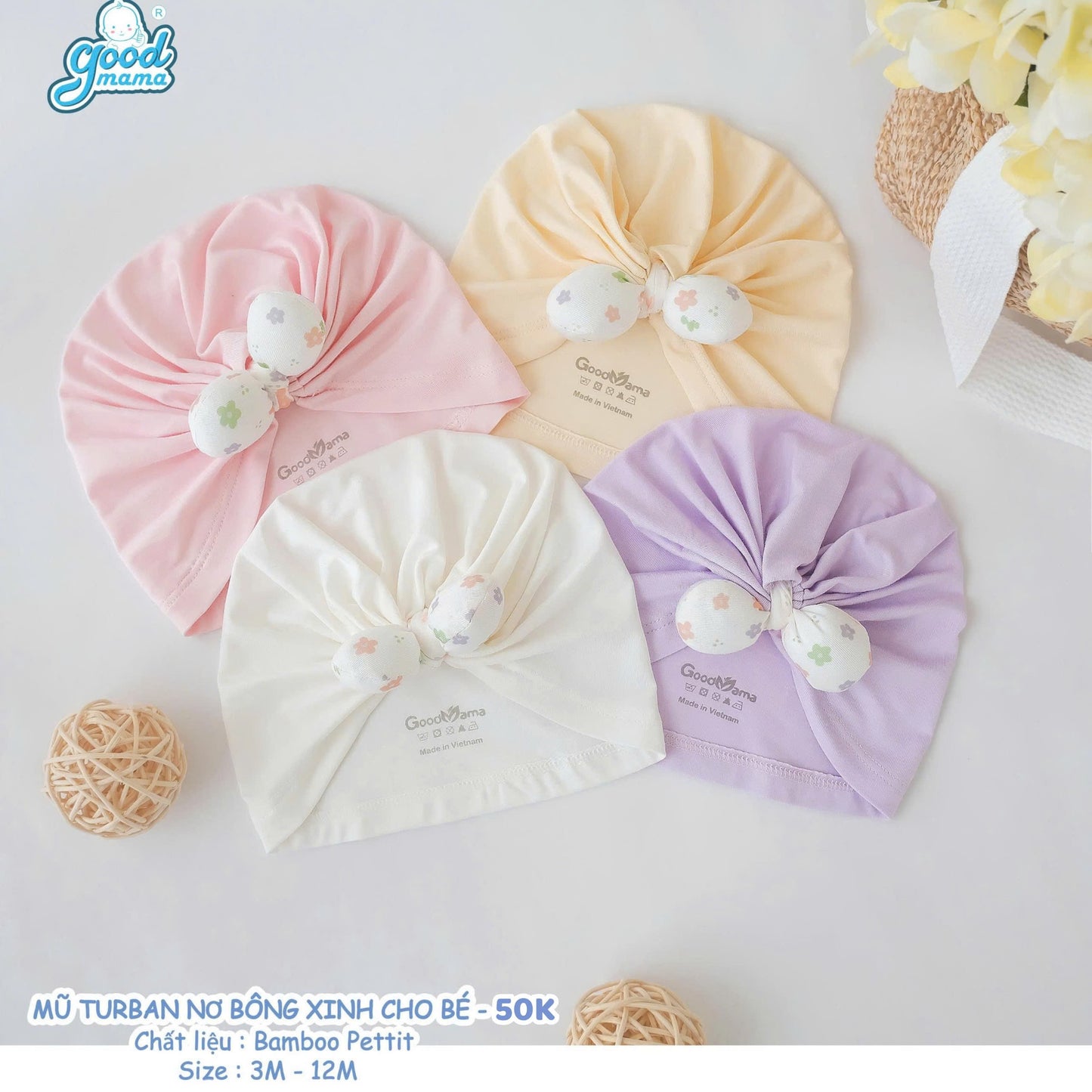 Mũ Turban Nơ Goodmama Chất Liệu Bamboo Pettit Cho Bé Gái