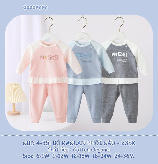 GBD4-35: Bộ Raglan Phối Gấu Goodmama Chất Liệu Cotton Organic