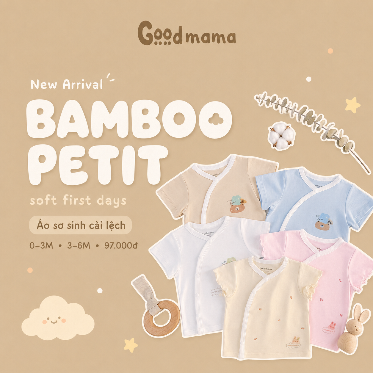 GBH 5-75: Áo Sơ Sinh Cài Lệch Chất Liệu Bamboo Petit Mềm Mại, Thoáng Khí