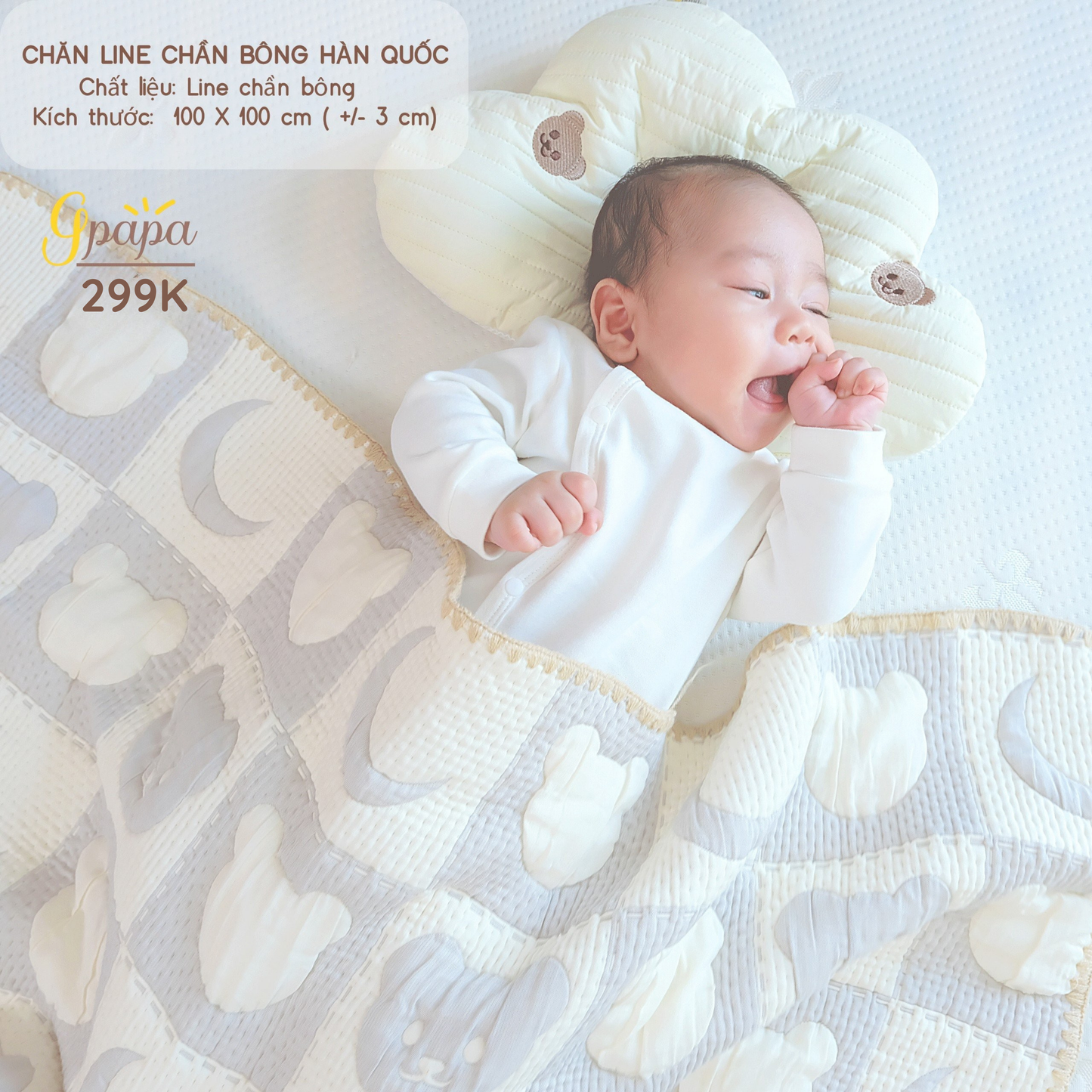 Chăn Line Chần Bông Hàn Quốc Gpapa giúp bé đi vào giấc ngủ một cách êm ái, mềm mại.