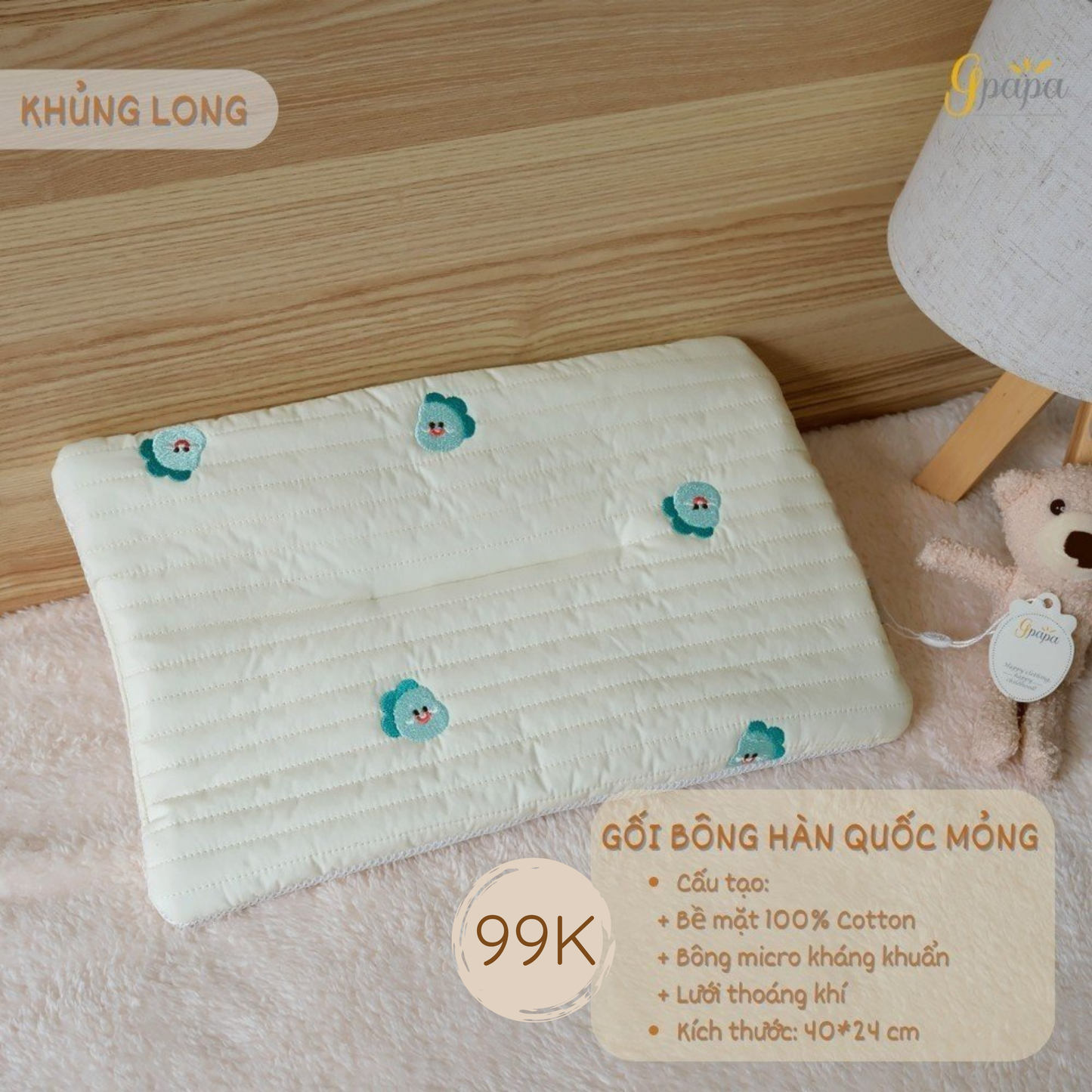 Gối Bông Hàn Quốc Mỏng Gpapa Bề Mặt 100% Cotton, Ruột Bông Micro Kháng Khuẩn, Lót Lưới Thoáng Khí