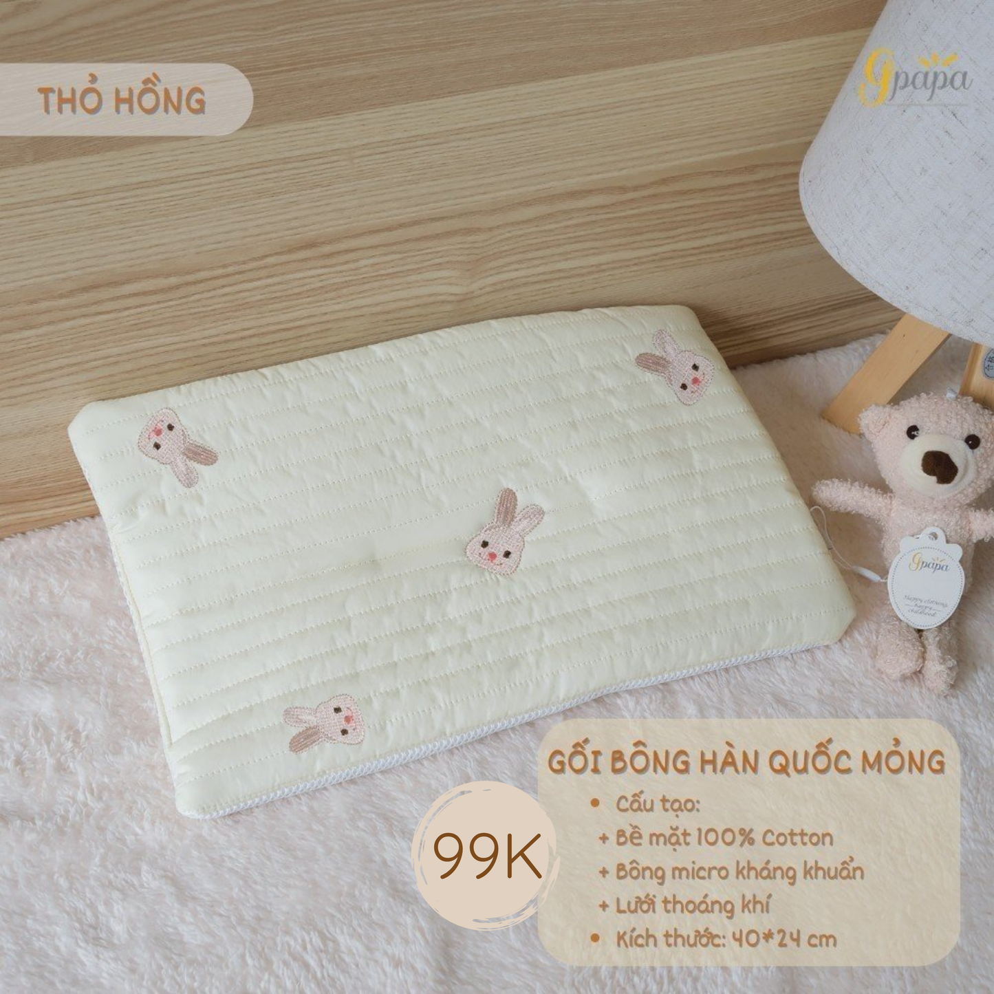 Gối Bông Hàn Quốc Mỏng Gpapa Bề Mặt 100% Cotton, Ruột Bông Micro Kháng Khuẩn, Lót Lưới Thoáng Khí