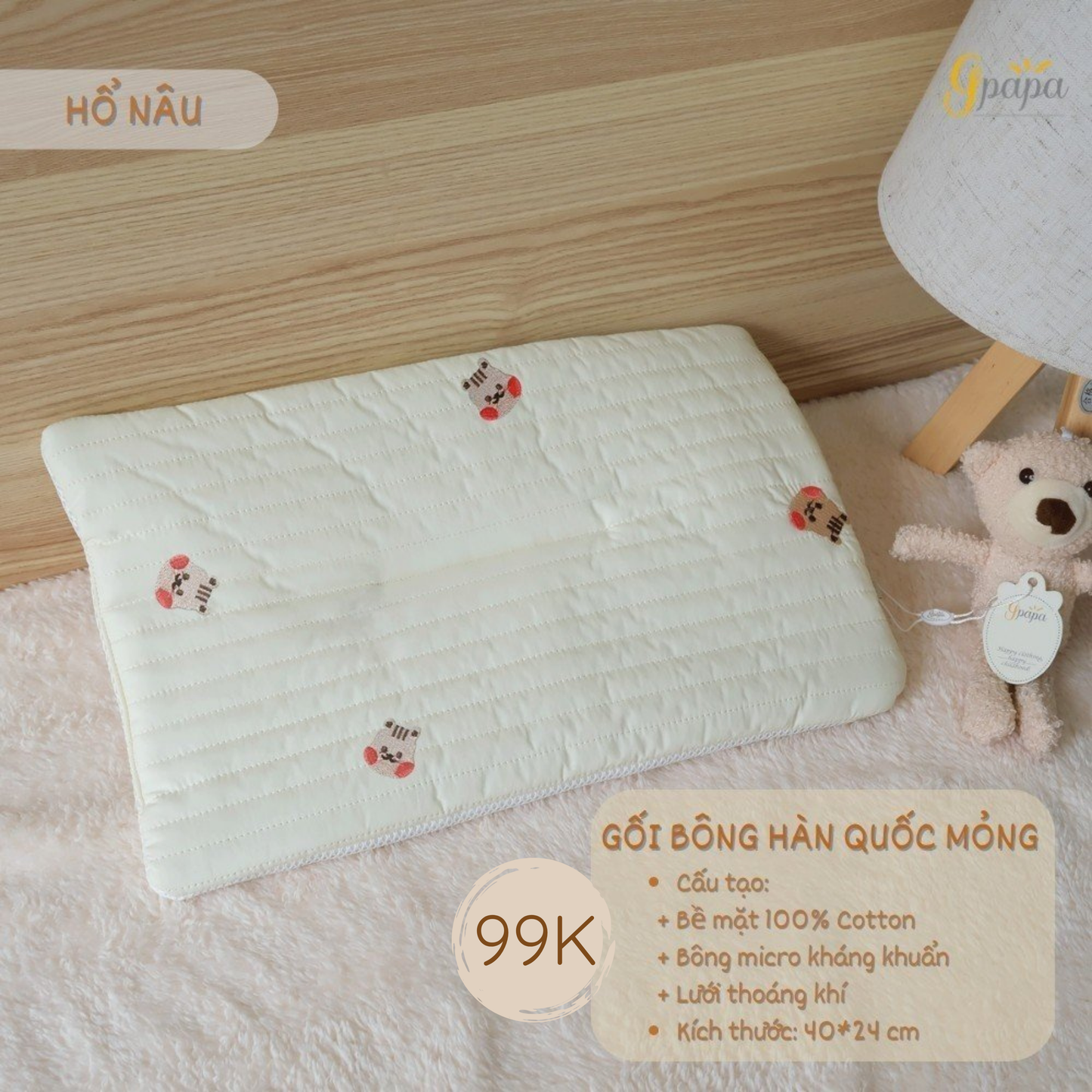 Gối Bông Hàn Quốc Mỏng Gpapa Bề Mặt 100% Cotton, Ruột Bông Micro Kháng Khuẩn, Lót Lưới Thoáng Khí