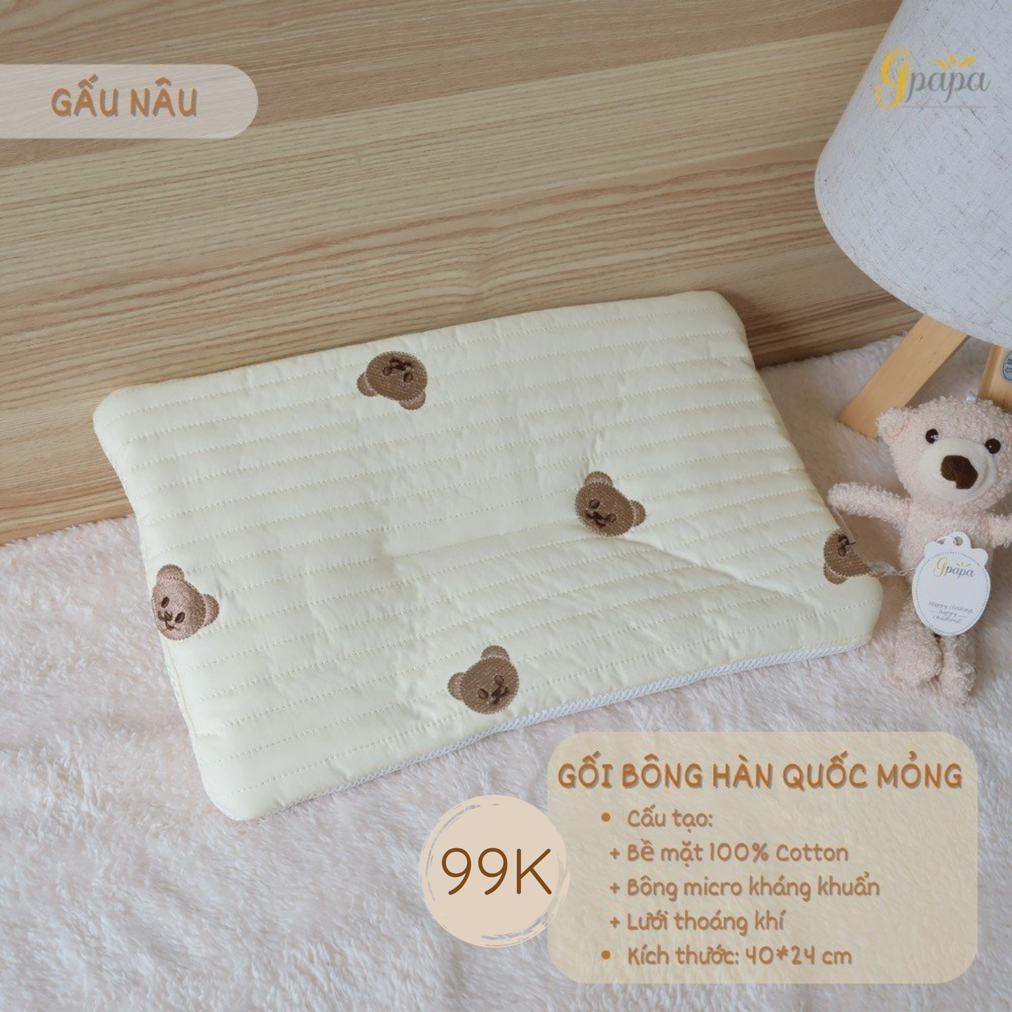 Gối Bông Hàn Quốc Mỏng Gpapa Bề Mặt 100% Cotton, Ruột Bông Micro Kháng Khuẩn, Lót Lưới Thoáng Khí