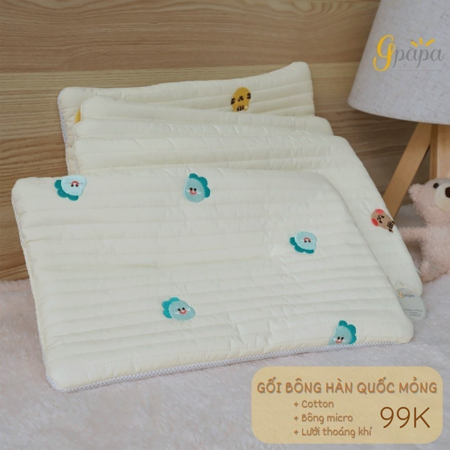 Gối Bông Hàn Quốc Mỏng Gpapa Bề Mặt 100% Cotton, Ruột Bông Micro Kháng Khuẩn, Lót Lưới Thoáng Khí